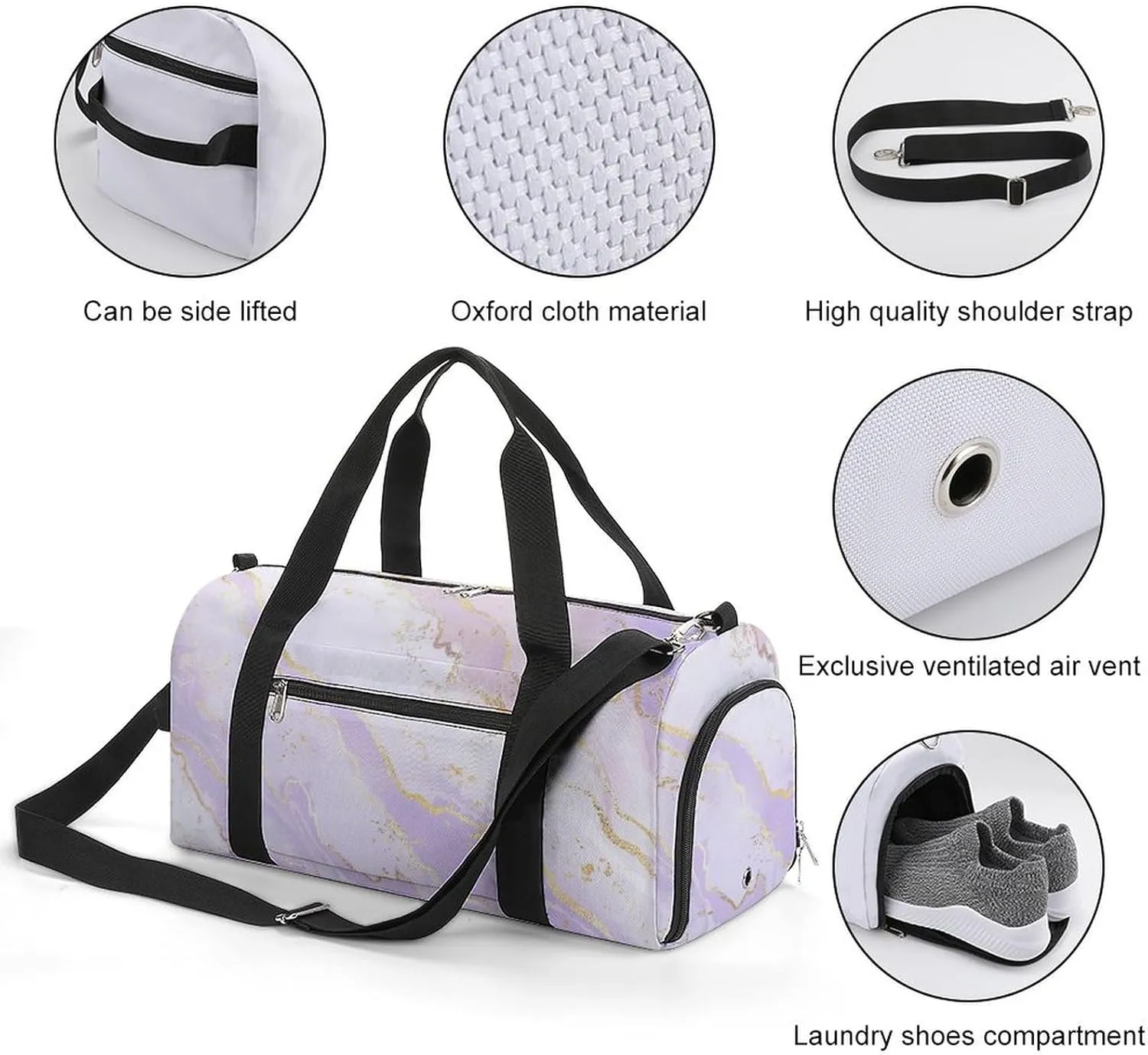 Gym Duffel Bag with Shoe Compartment Wet Pocket, Lavender Marble Watercolor Travel Bag for Men Women, style