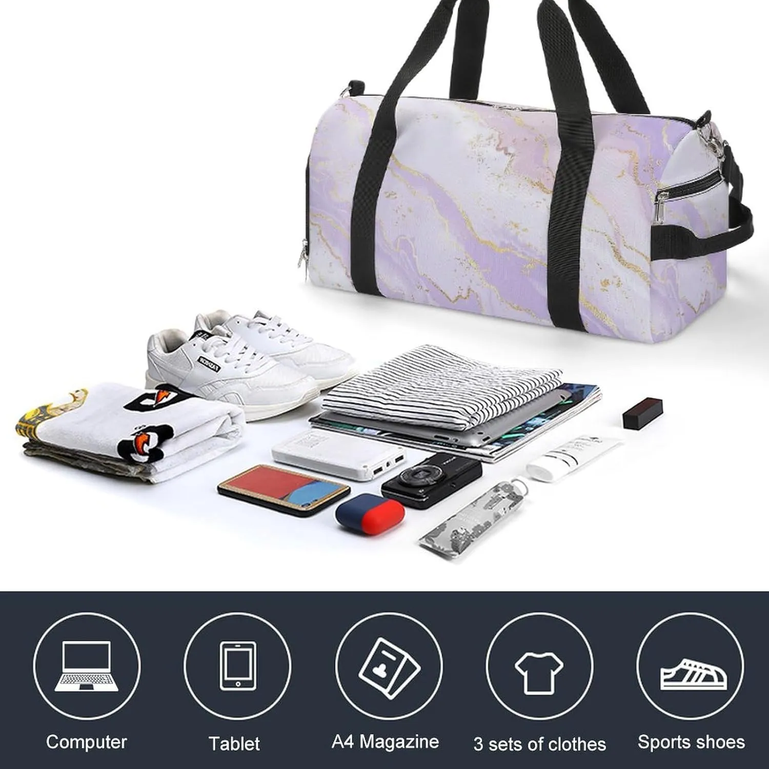 Gym Duffel Bag with Shoe Compartment Wet Pocket, Lavender Marble Watercolor Travel Bag for Men Women, style