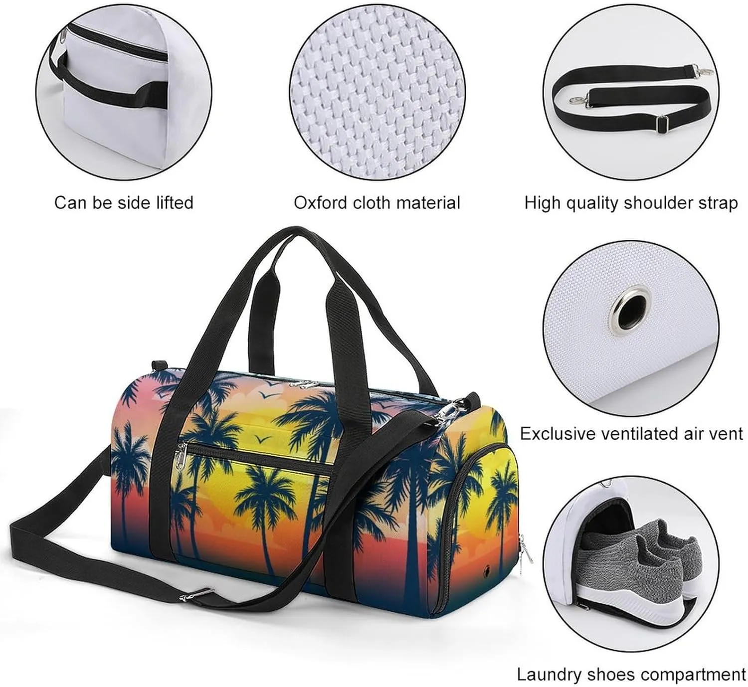 Gym Duffel Bag with Shoe Compartment Wet Pocket, Multicolored Palms Travel Bag for Men Women
