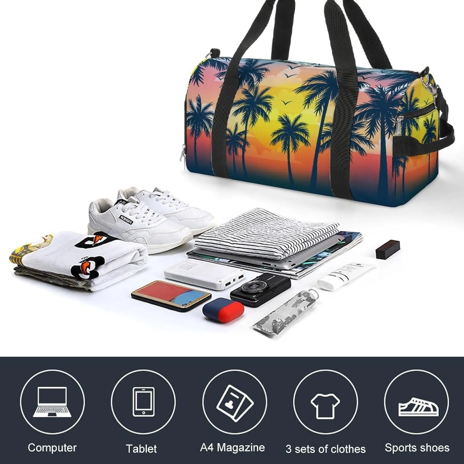 Gym Duffel Bag with Shoe Compartment Wet Pocket, Multicolored Palms Travel Bag for Men Women
