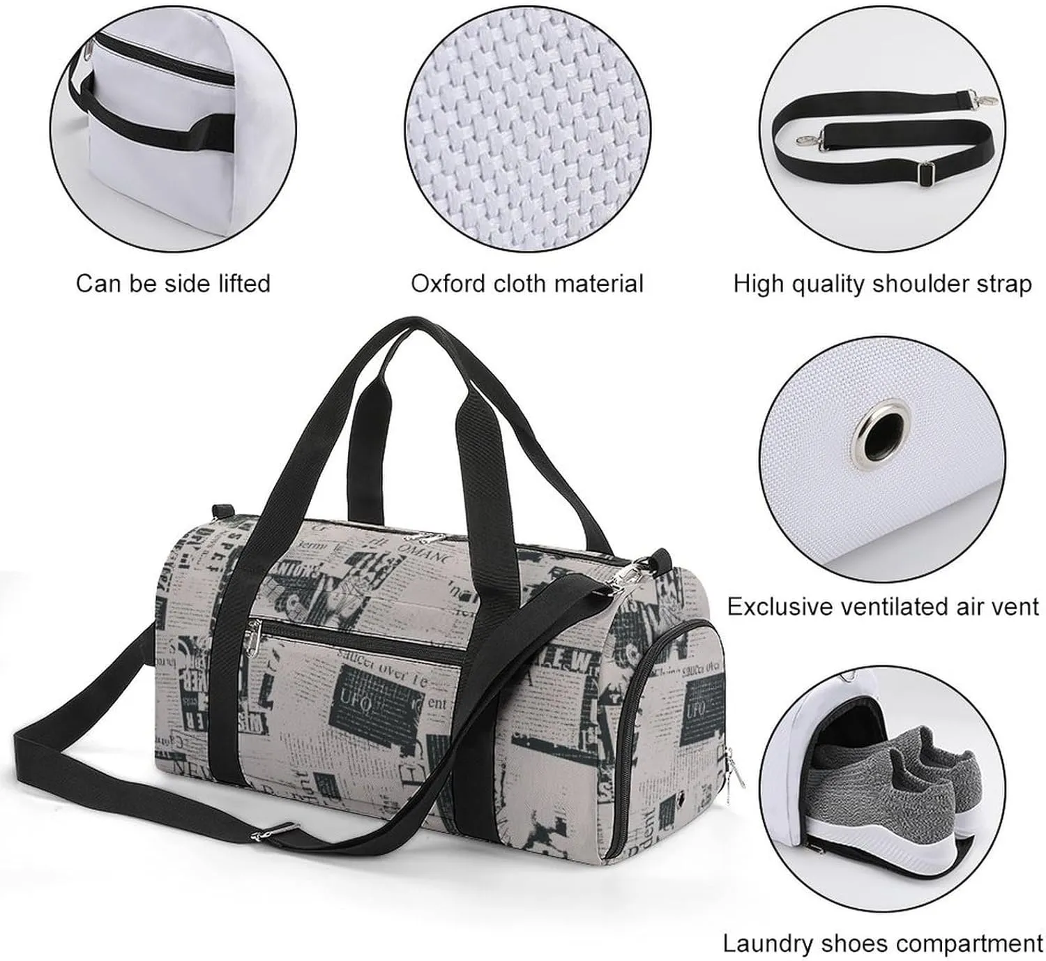 Gym Duffel Bag with Shoe Compartment Wet Pocket, Newspaper Pattern Travel Bag for Men Women
