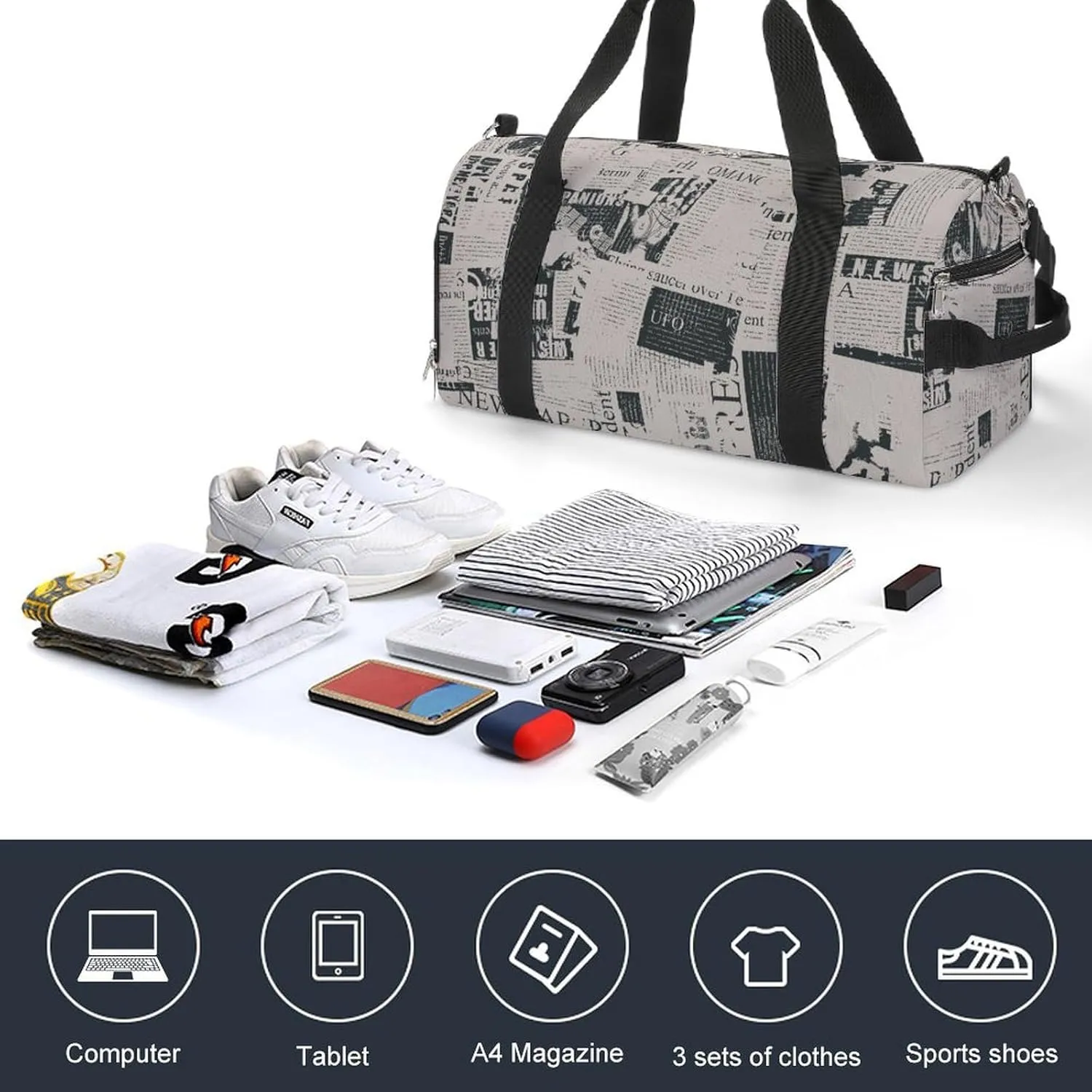 Gym Duffel Bag with Shoe Compartment Wet Pocket, Newspaper Pattern Travel Bag for Men Women