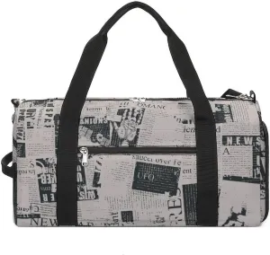 Gym Duffel Bag with Shoe Compartment Wet Pocket, Newspaper Pattern Travel Bag for Men Women