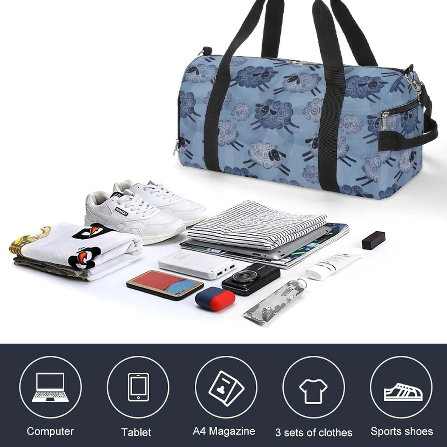 Gym Duffel Bag with Shoe Compartment Wet Pocket, Sheep Clouds Travel Bag for Men Women
