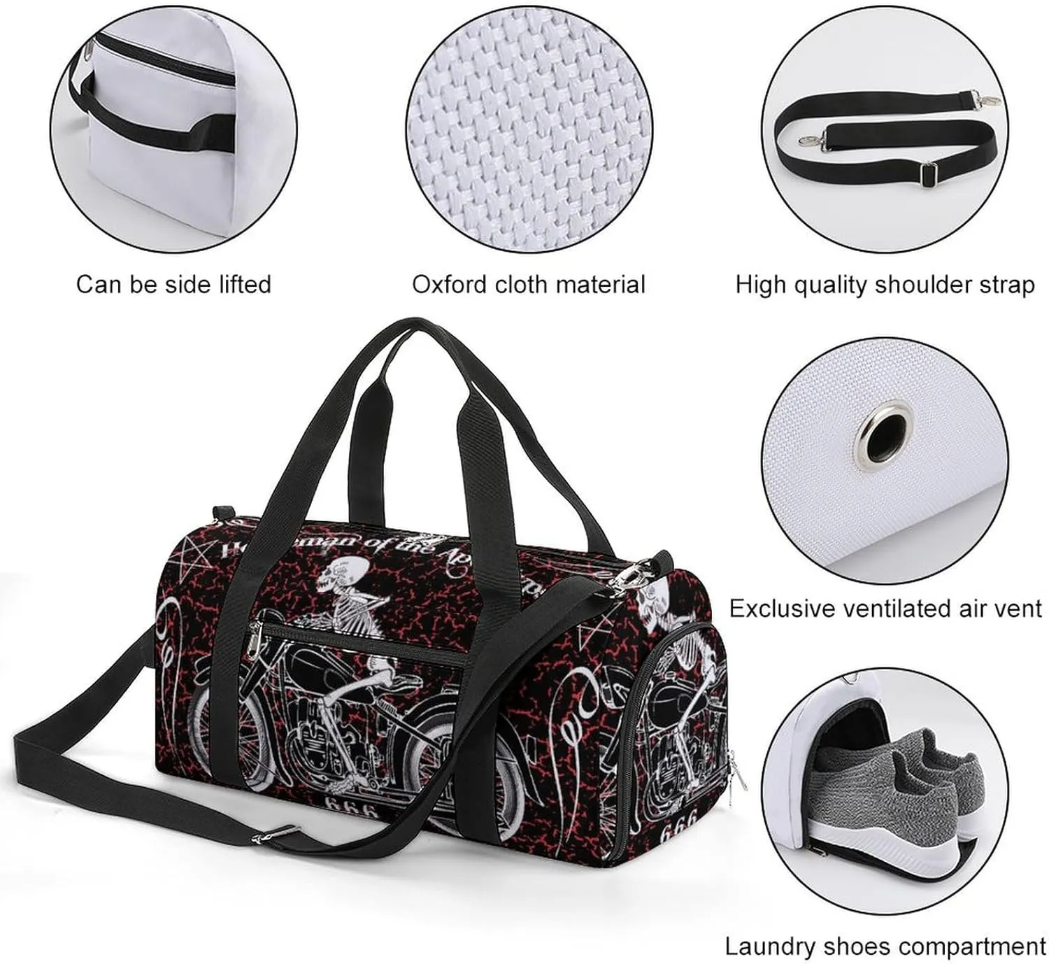 Gym Duffel Bag with Shoe Compartment Wet Pocket, Skeleton Racing Motorcycle Travel Bag for Men Women