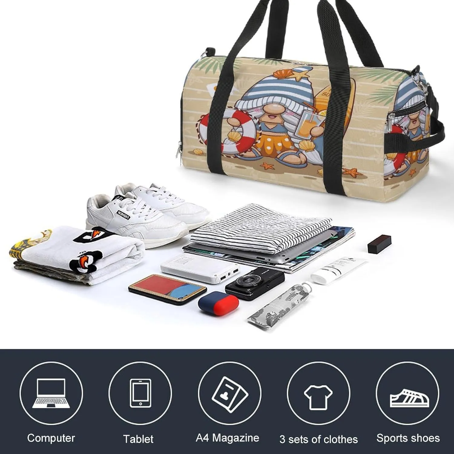 Gym Duffel Bag with Shoe Compartment Wet Pocket, Summer Cute Gnome Travel Bag for Men Women