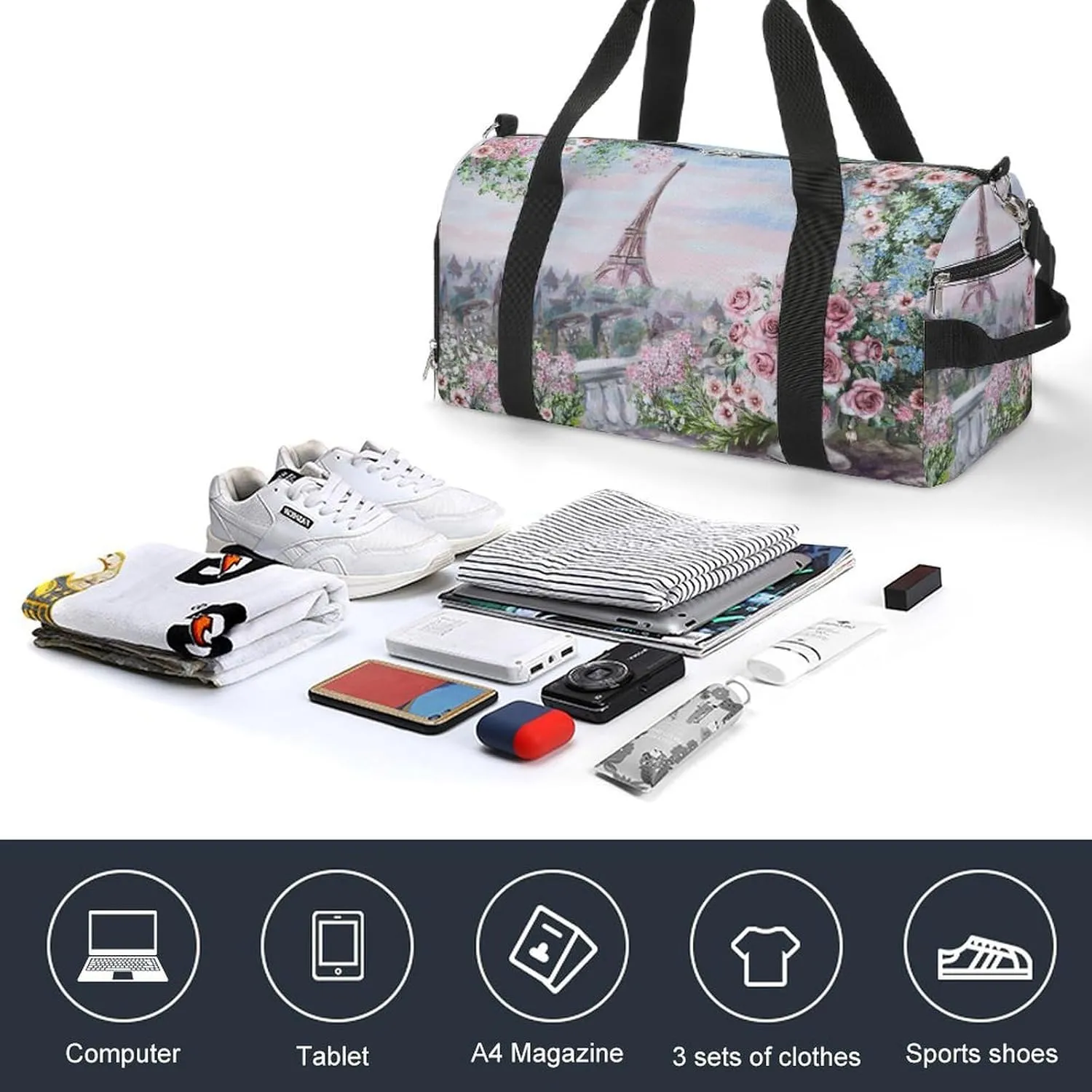 Gym Duffel Bag with Shoe Compartment Wet Pocket, Summer in Paris Travel Bag for Men Women