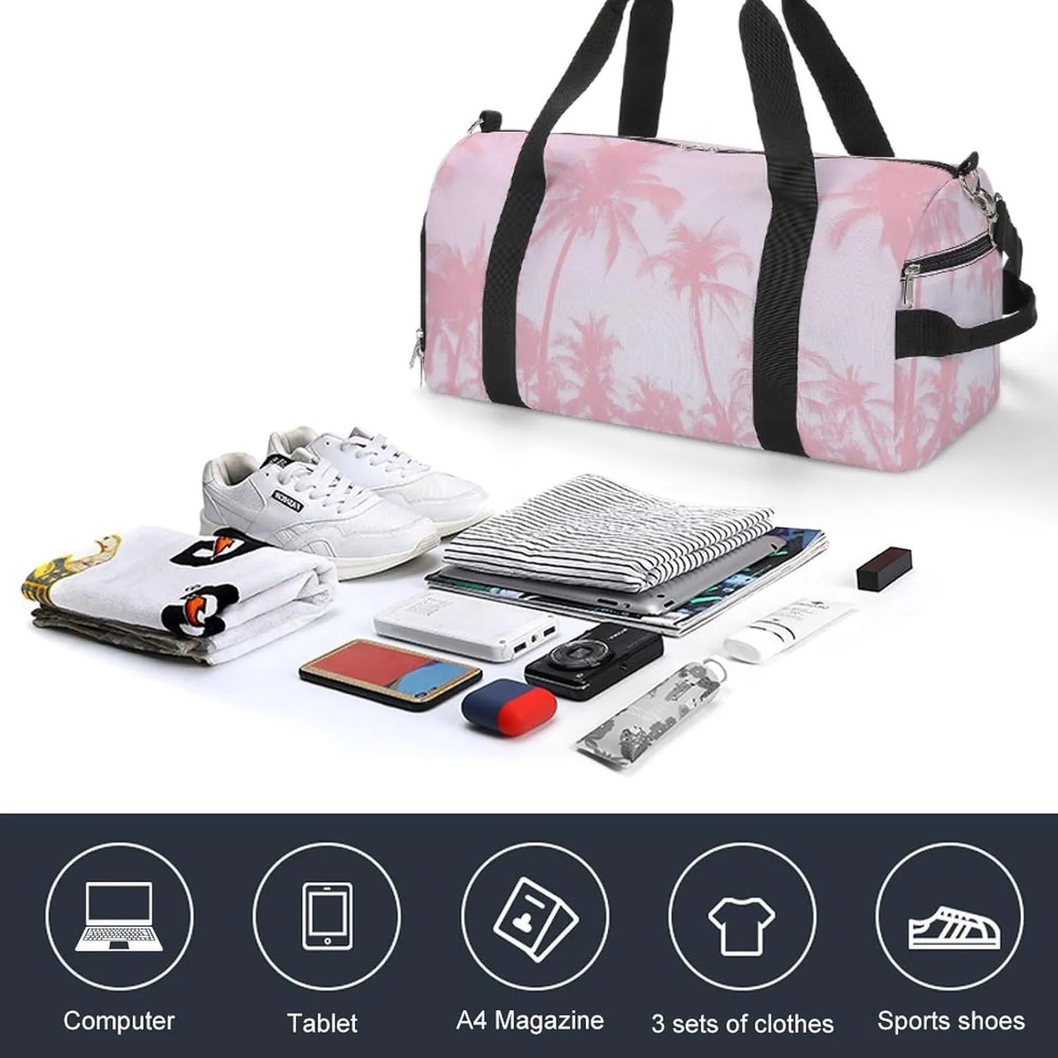 Gym Duffel Bag with Shoe Compartment Wet Pocket, Tropical-Palms-Pink Travel Bag for Men Women