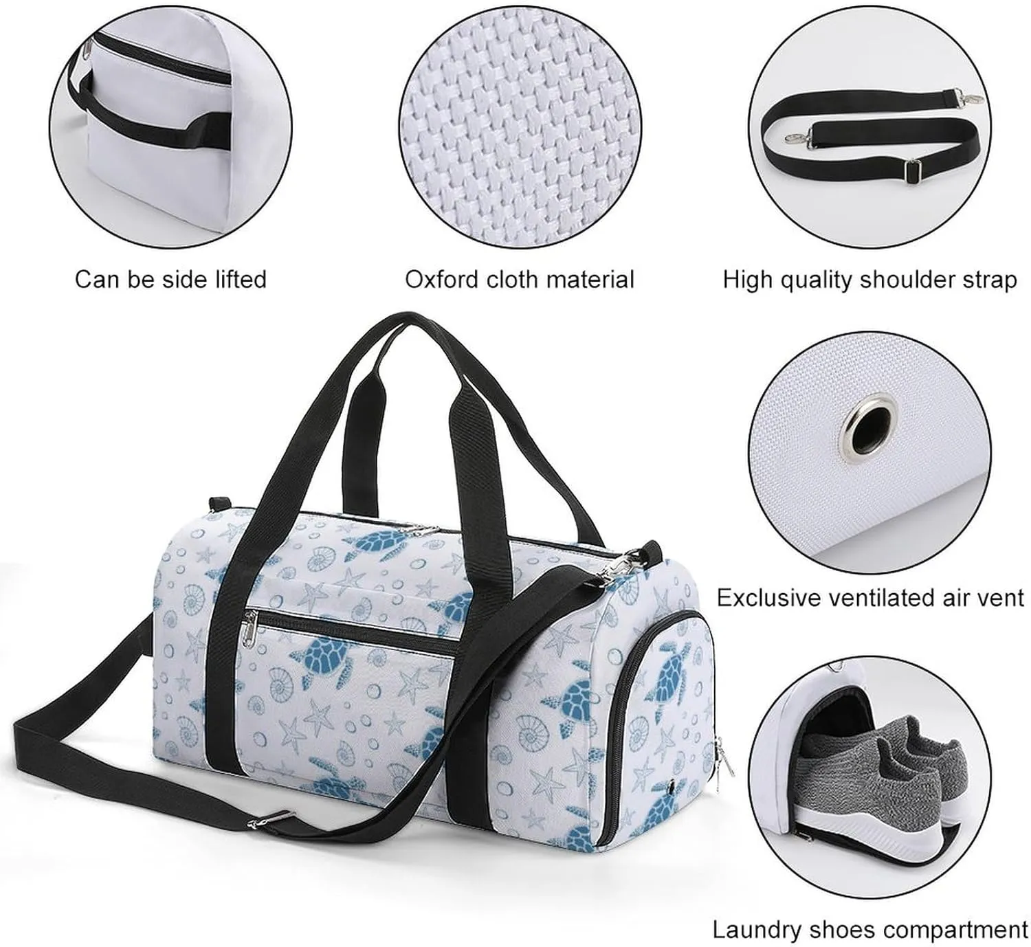 Gym Duffel Bag with Shoe Compartment Wet Pocket, Turtle, Sea Stars And Shells Travel Bag for Men Women