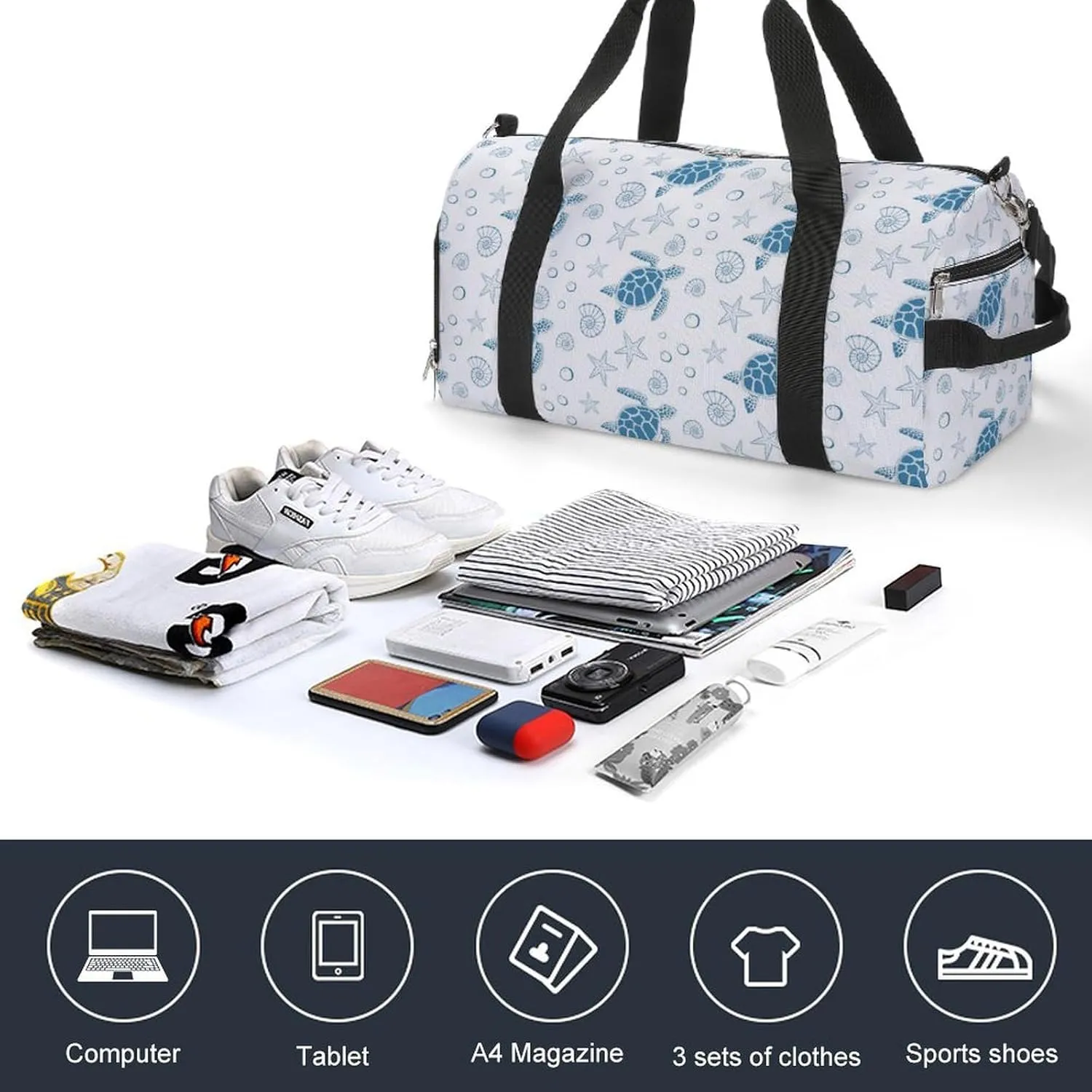 Gym Duffel Bag with Shoe Compartment Wet Pocket, Turtle, Sea Stars And Shells Travel Bag for Men Women