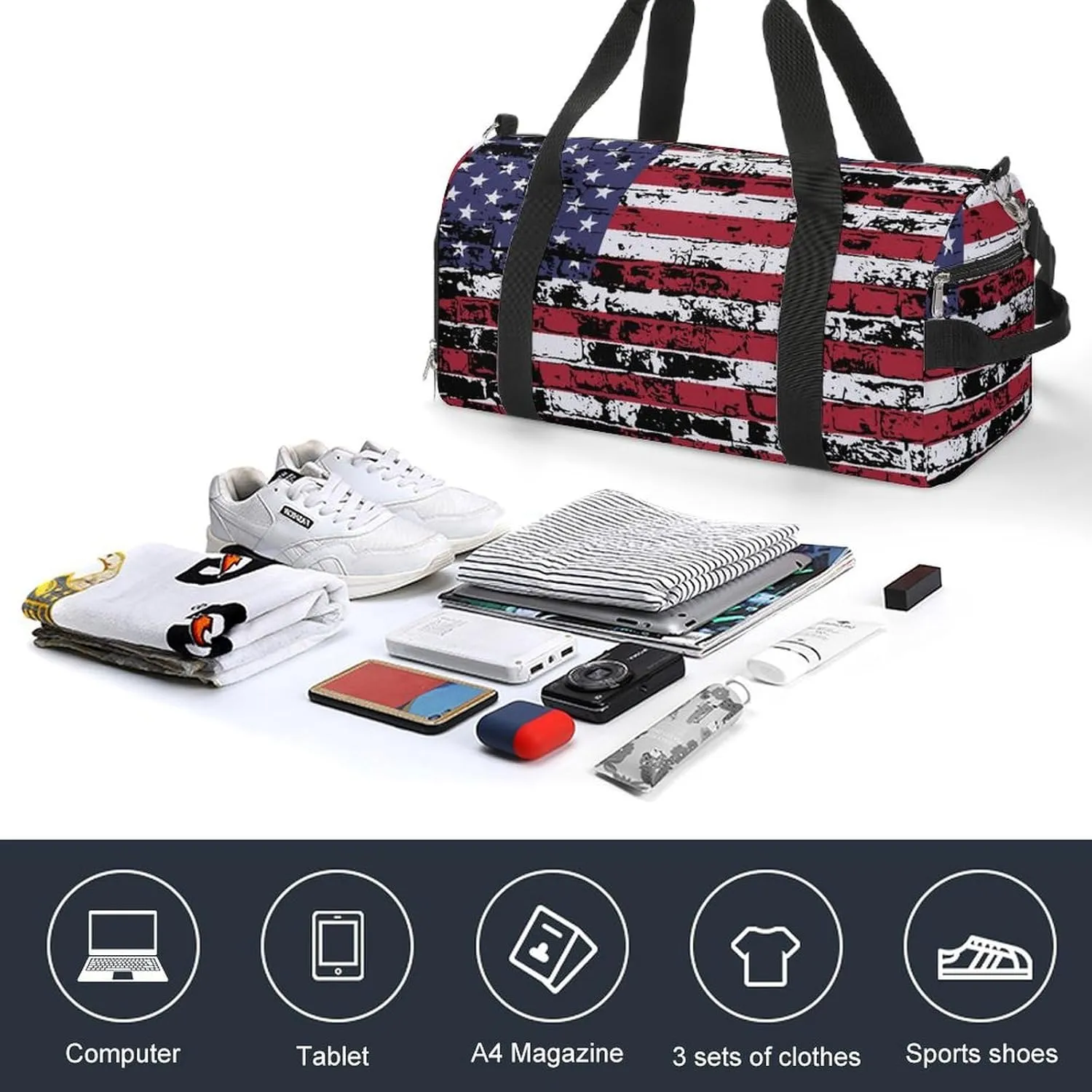 Gym Duffel Bag with Shoe Compartment Wet Pocket, Usa Flag Grunge Travel Bag for Men Women