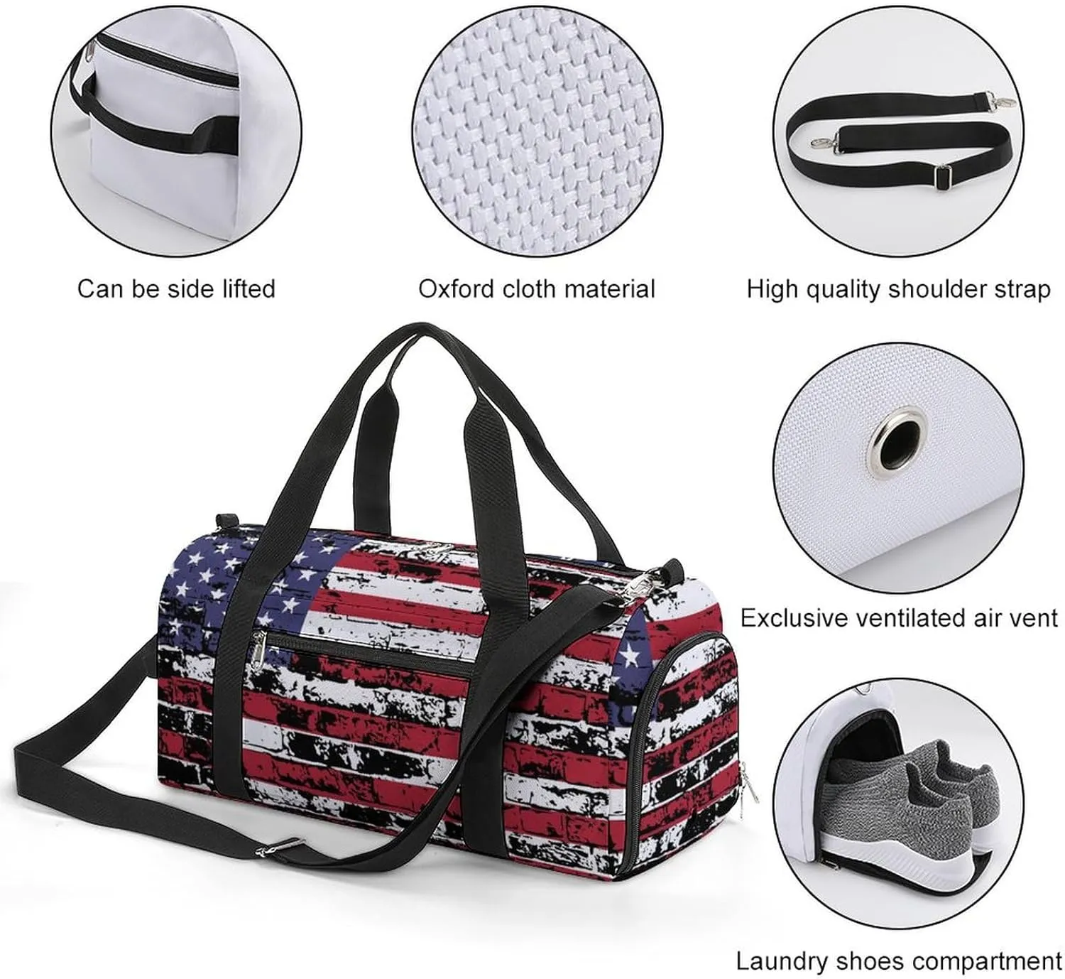 Gym Duffel Bag with Shoe Compartment Wet Pocket, Usa Flag Grunge Travel Bag for Men Women