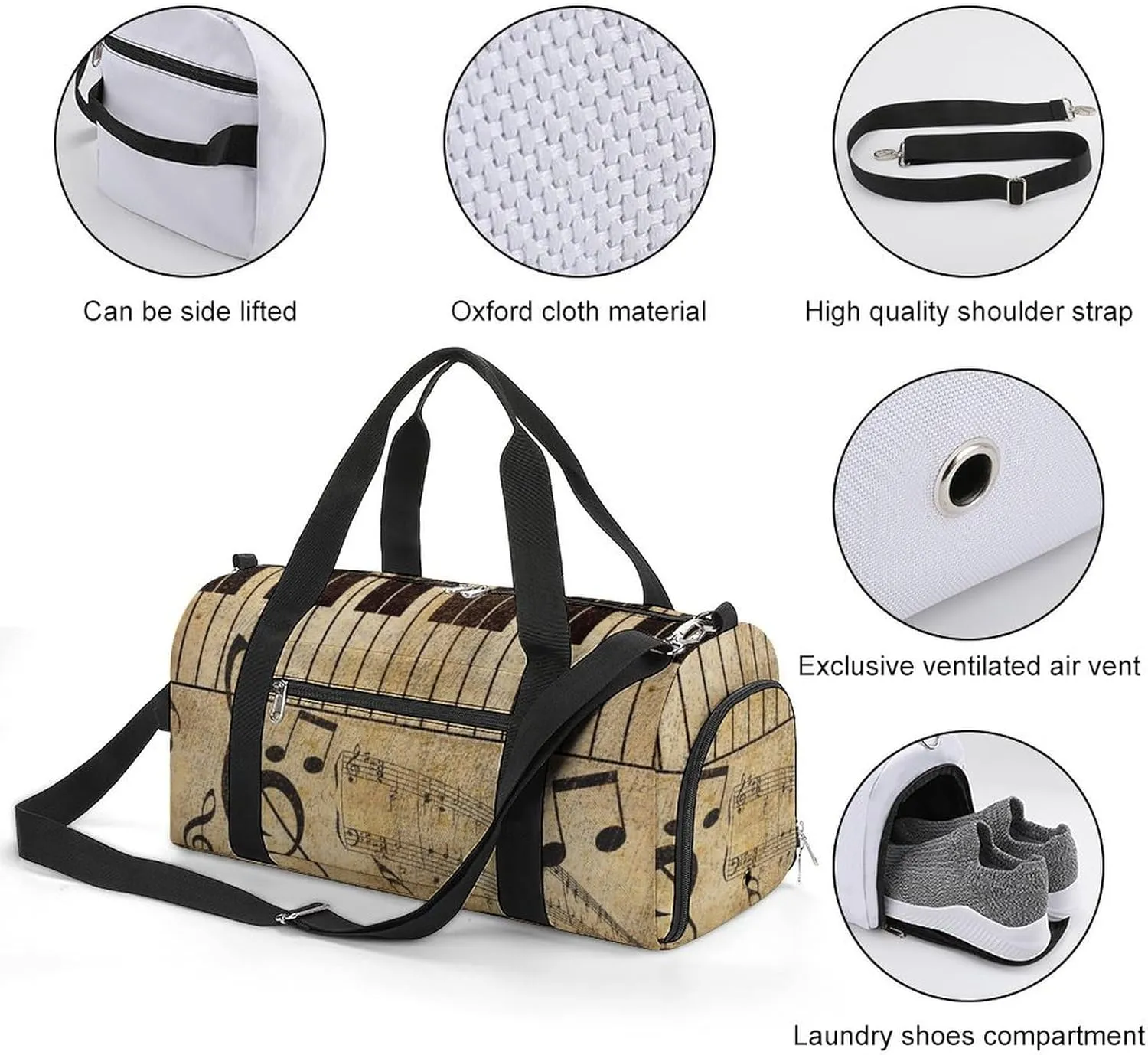 Gym Duffel Bag with Shoe Compartment Wet Pocket, Vintage Music Pattern Travel Bag for Men Women