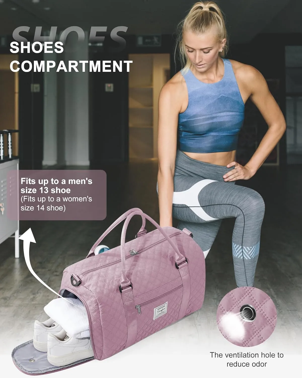 Gym Duffle Bag for Women with Shoe Compartment Waterproof Travel Tote Bags Personal Item Carry On Weekender Overnight Bags with Toiletry Bag Swimming Yoga Bags Hospital Holdalls Purple