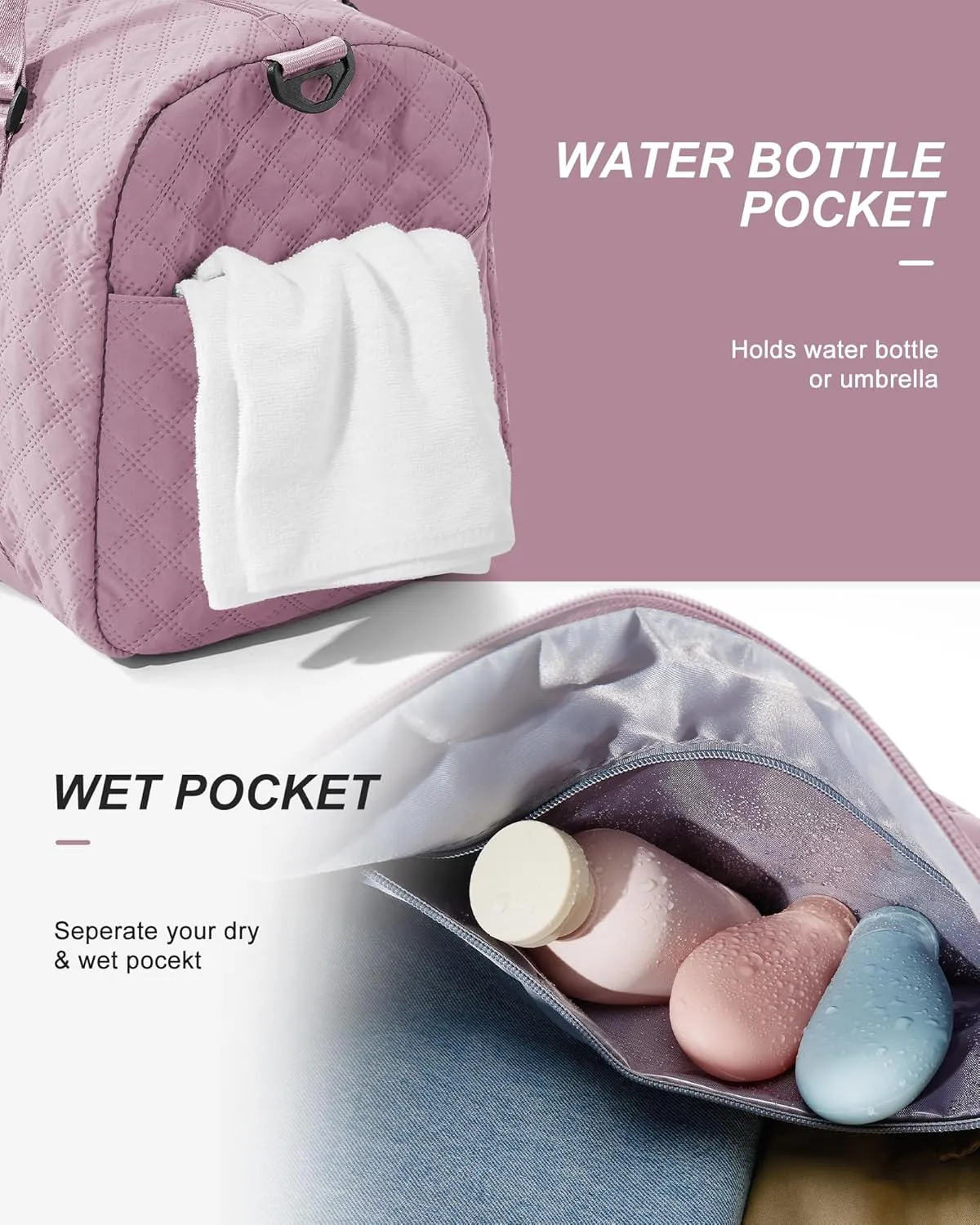 Gym Duffle Bag for Women with Shoe Compartment Waterproof Travel Tote Bags Personal Item Carry On Weekender Overnight Bags with Toiletry Bag Swimming Yoga Bags Hospital Holdalls Purple