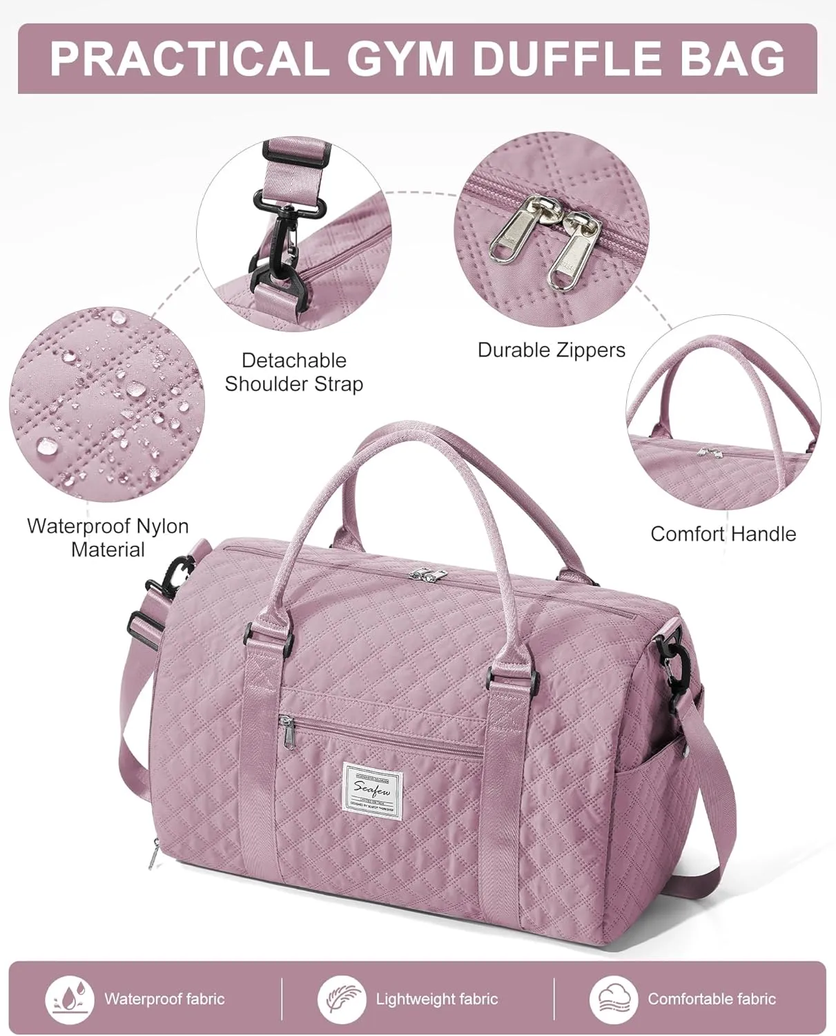 Gym Duffle Bag for Women with Shoe Compartment Waterproof Travel Tote Bags Personal Item Carry On Weekender Overnight Bags with Toiletry Bag Swimming Yoga Bags Hospital Holdalls Purple