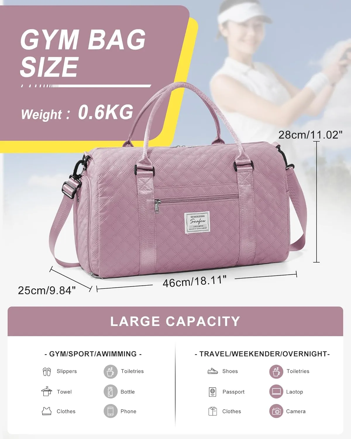 Gym Duffle Bag for Women with Shoe Compartment Waterproof Travel Tote Bags Personal Item Carry On Weekender Overnight Bags with Toiletry Bag Swimming Yoga Bags Hospital Holdalls Purple