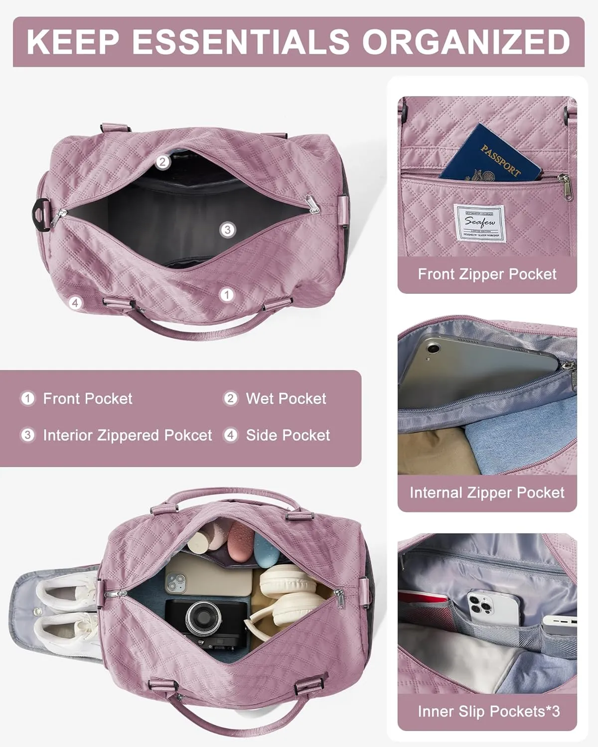 Gym Duffle Bag for Women with Shoe Compartment Waterproof Travel Tote Bags Personal Item Carry On Weekender Overnight Bags with Toiletry Bag Swimming Yoga Bags Hospital Holdalls Purple