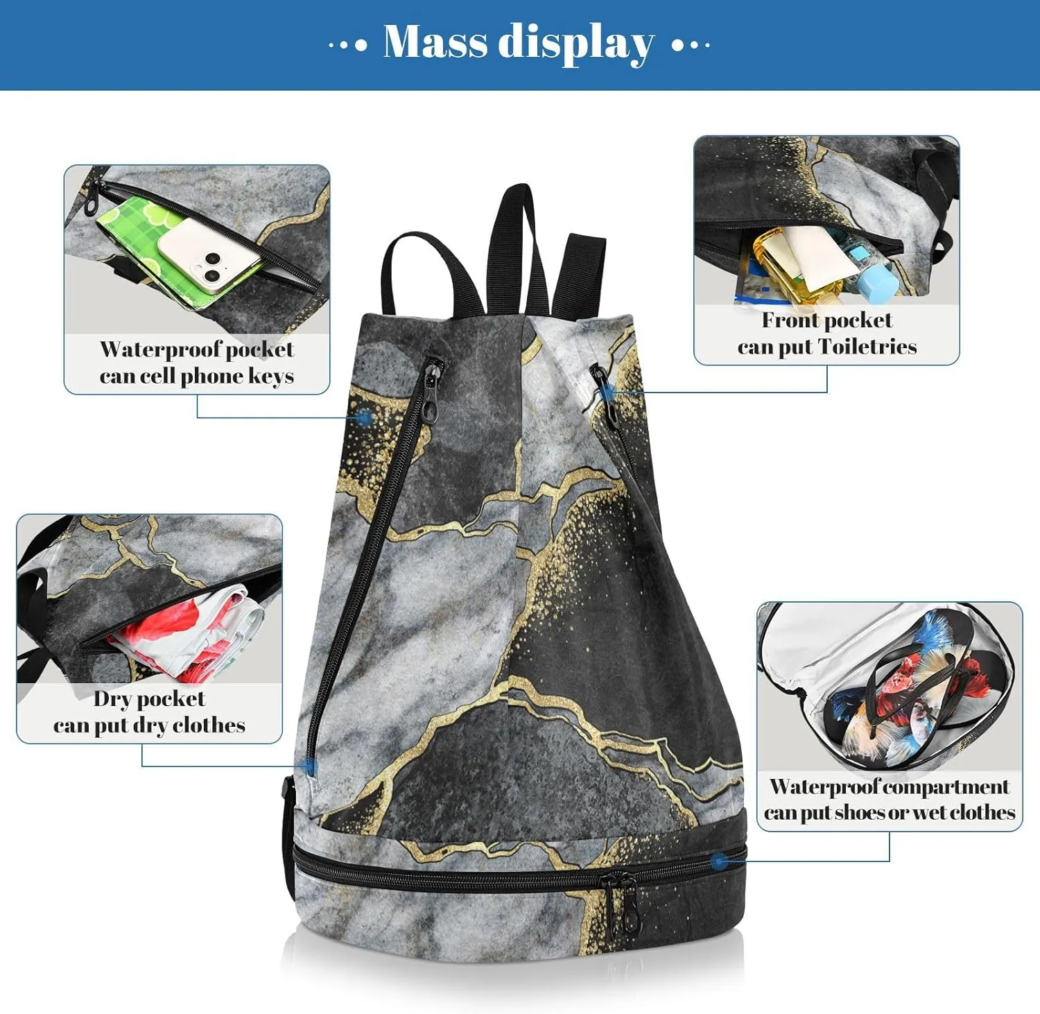 Gym Swimming Drawstring Bags Daypacks Backpack Purse Casual Knapsack Shoulder Bag Sitting Rucksack Black and White Marble Stone Marbled Mosaic with Golden Veins