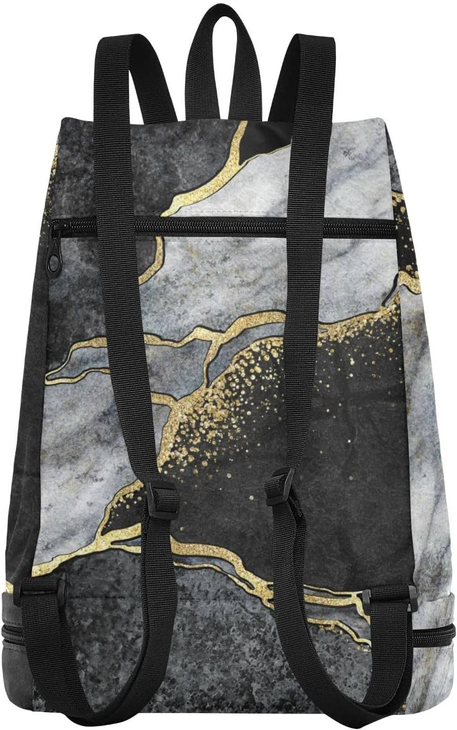 Gym Swimming Drawstring Bags Daypacks Backpack Purse Casual Knapsack Shoulder Bag Sitting Rucksack Black and White Marble Stone Marbled Mosaic with Golden Veins
