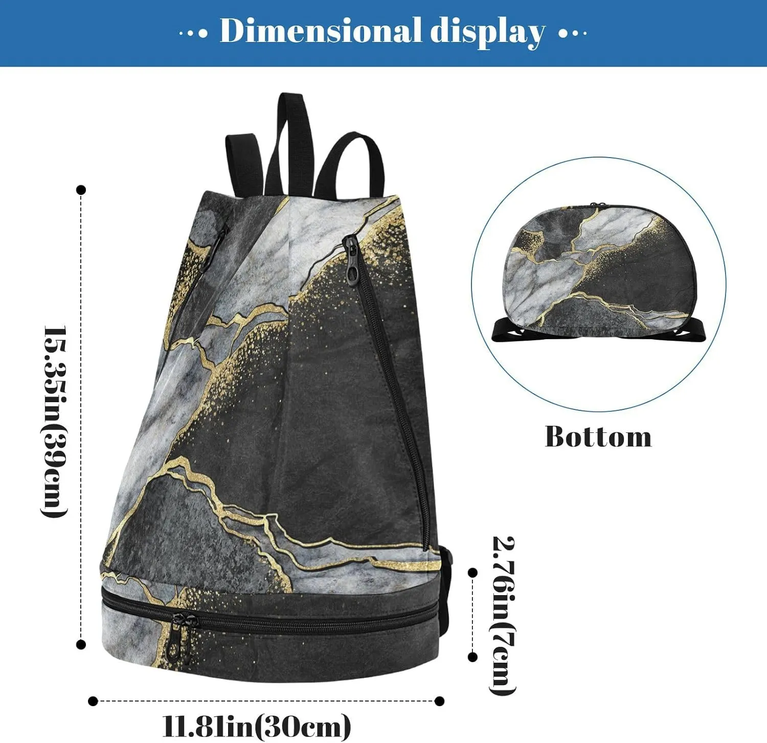Gym Swimming Drawstring Bags Daypacks Backpack Purse Casual Knapsack Shoulder Bag Sitting Rucksack Black and White Marble Stone Marbled Mosaic with Golden Veins