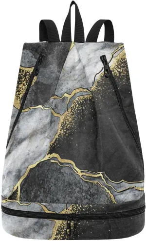 Gym Swimming Drawstring Bags Daypacks Backpack Purse Casual Knapsack Shoulder Bag Sitting Rucksack Black and White Marble Stone Marbled Mosaic with Golden Veins