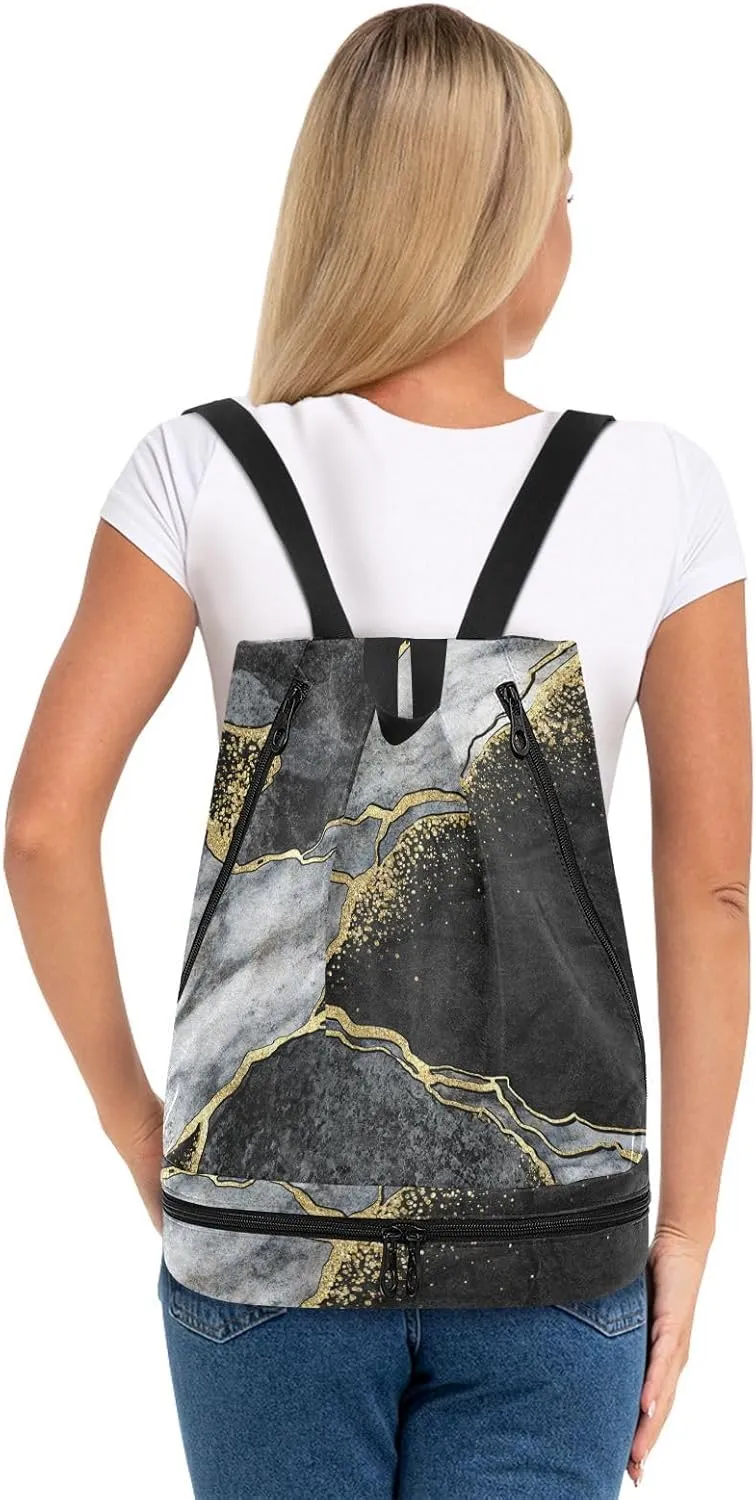 Gym Swimming Drawstring Bags Daypacks Backpack Purse Casual Knapsack Shoulder Bag Sitting Rucksack Black and White Marble Stone Marbled Mosaic with Golden Veins