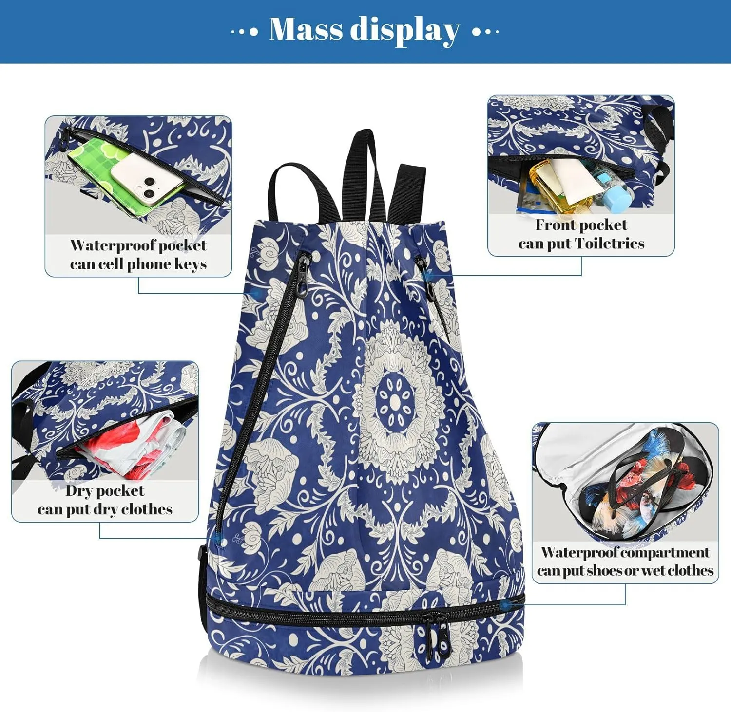 Gym Swimming Drawstring Bags Daypacks Backpack Purse Casual Knapsack Shoulder Bag Sitting Rucksack Imitating Chinese Porcelain Paint Floral Flowers on Blue