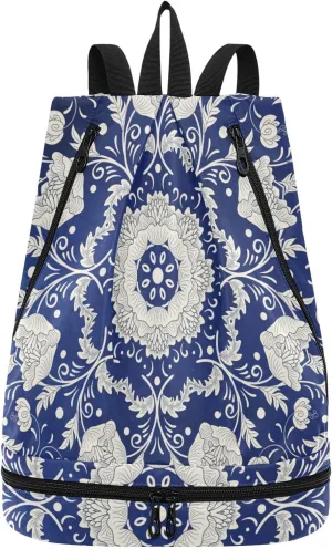 Gym Swimming Drawstring Bags Daypacks Backpack Purse Casual Knapsack Shoulder Bag Sitting Rucksack Imitating Chinese Porcelain Paint Floral Flowers on Blue