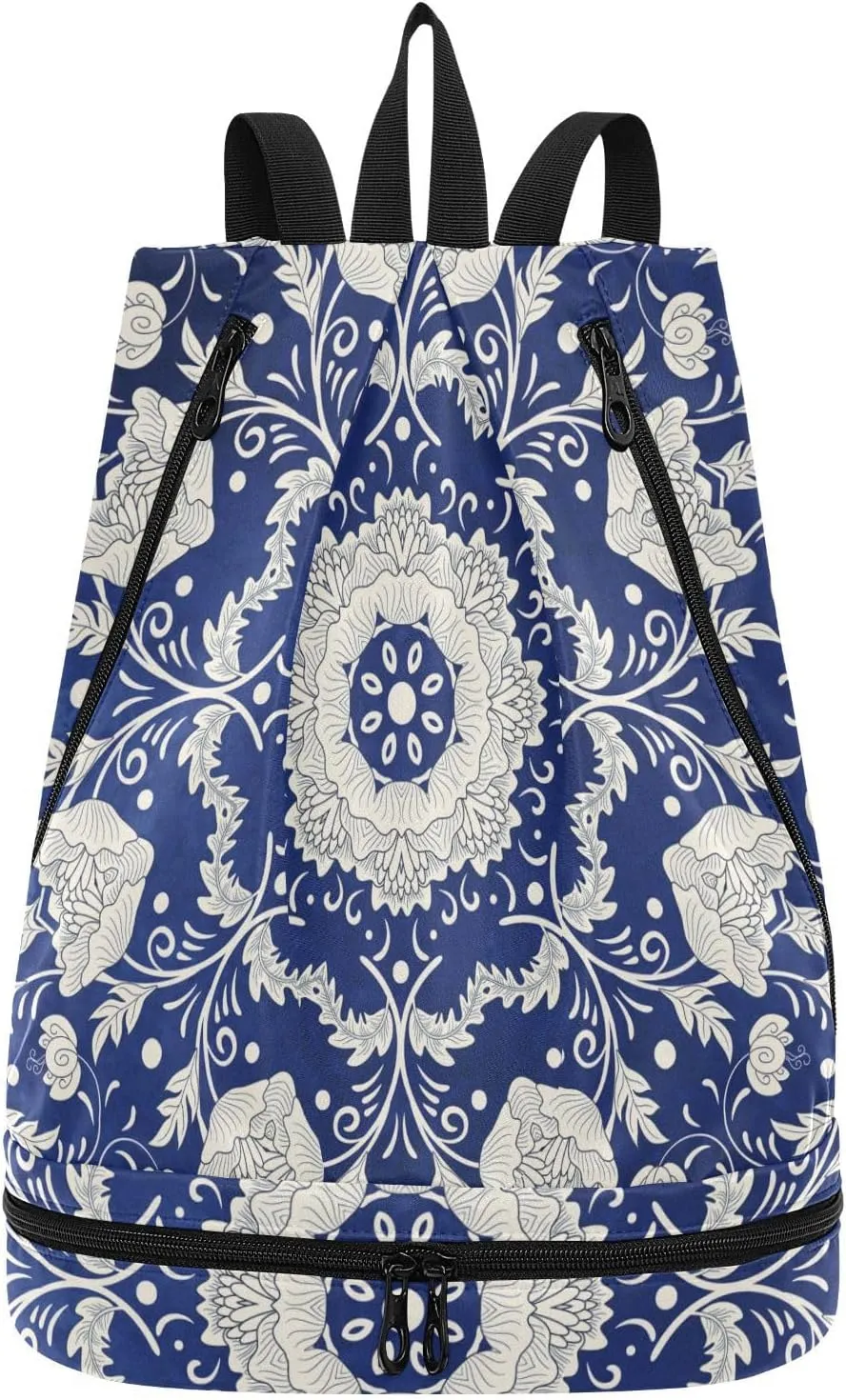 Gym Swimming Drawstring Bags Daypacks Backpack Purse Casual Knapsack Shoulder Bag Sitting Rucksack Imitating Chinese Porcelain Paint Floral Flowers on Blue