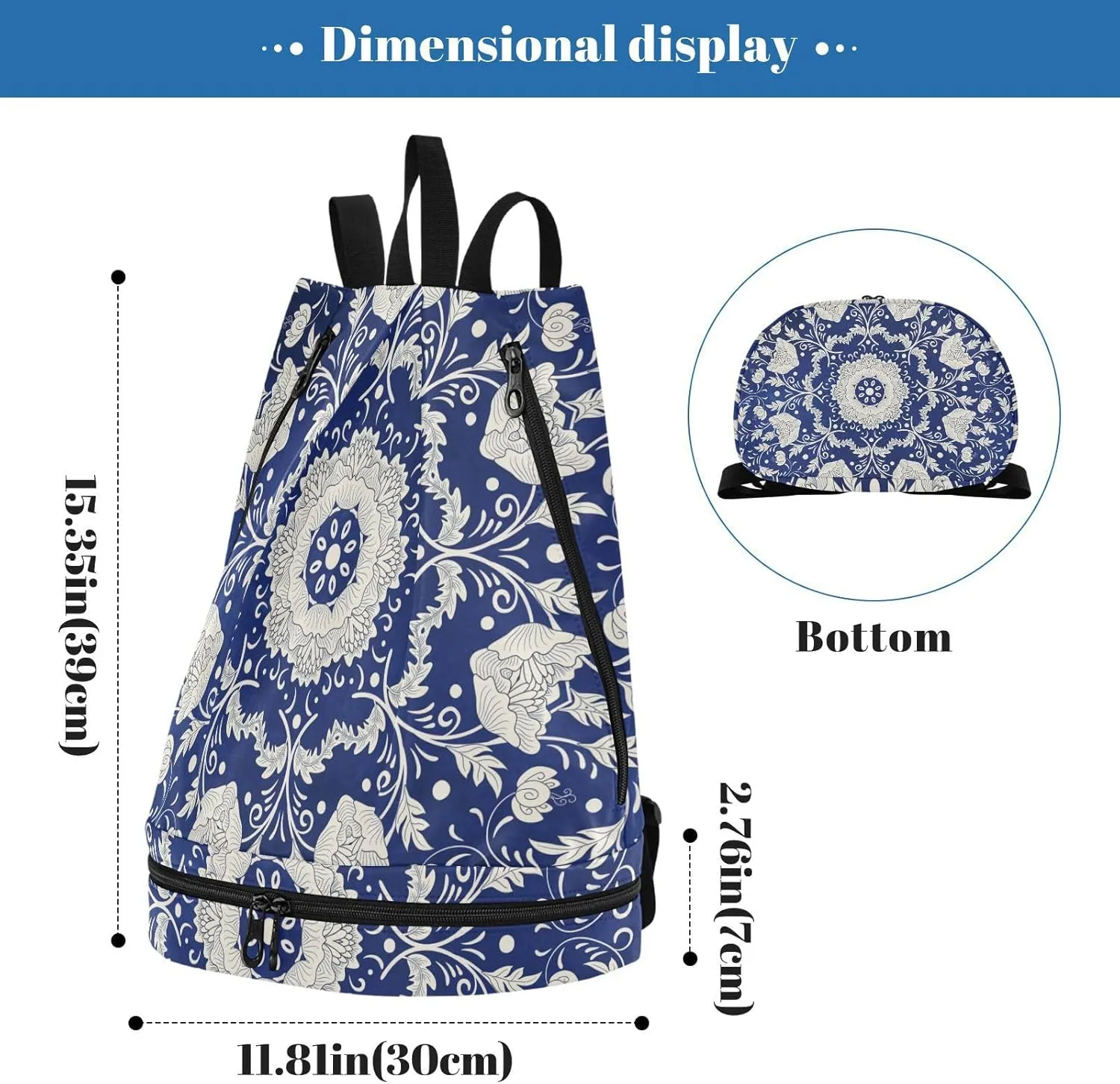 Gym Swimming Drawstring Bags Daypacks Backpack Purse Casual Knapsack Shoulder Bag Sitting Rucksack Imitating Chinese Porcelain Paint Floral Flowers on Blue