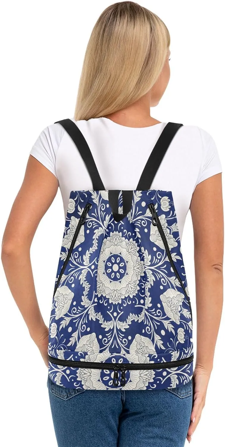 Gym Swimming Drawstring Bags Daypacks Backpack Purse Casual Knapsack Shoulder Bag Sitting Rucksack Imitating Chinese Porcelain Paint Floral Flowers on Blue