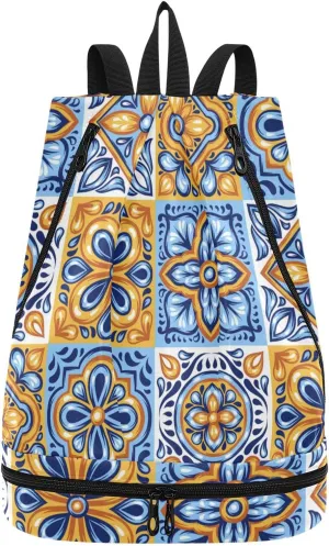 Gym Swimming Drawstring Bags Daypacks Backpack Purse Casual Knapsack Shoulder Bag Sitting Rucksack Mexican Ceramic Tiles Blue Gold Orange Pottery Ethnic Folk Art