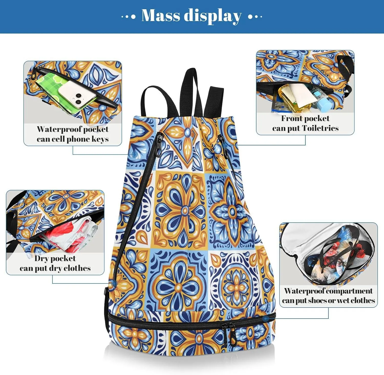 Gym Swimming Drawstring Bags Daypacks Backpack Purse Casual Knapsack Shoulder Bag Sitting Rucksack Mexican Ceramic Tiles Blue Gold Orange Pottery Ethnic Folk Art