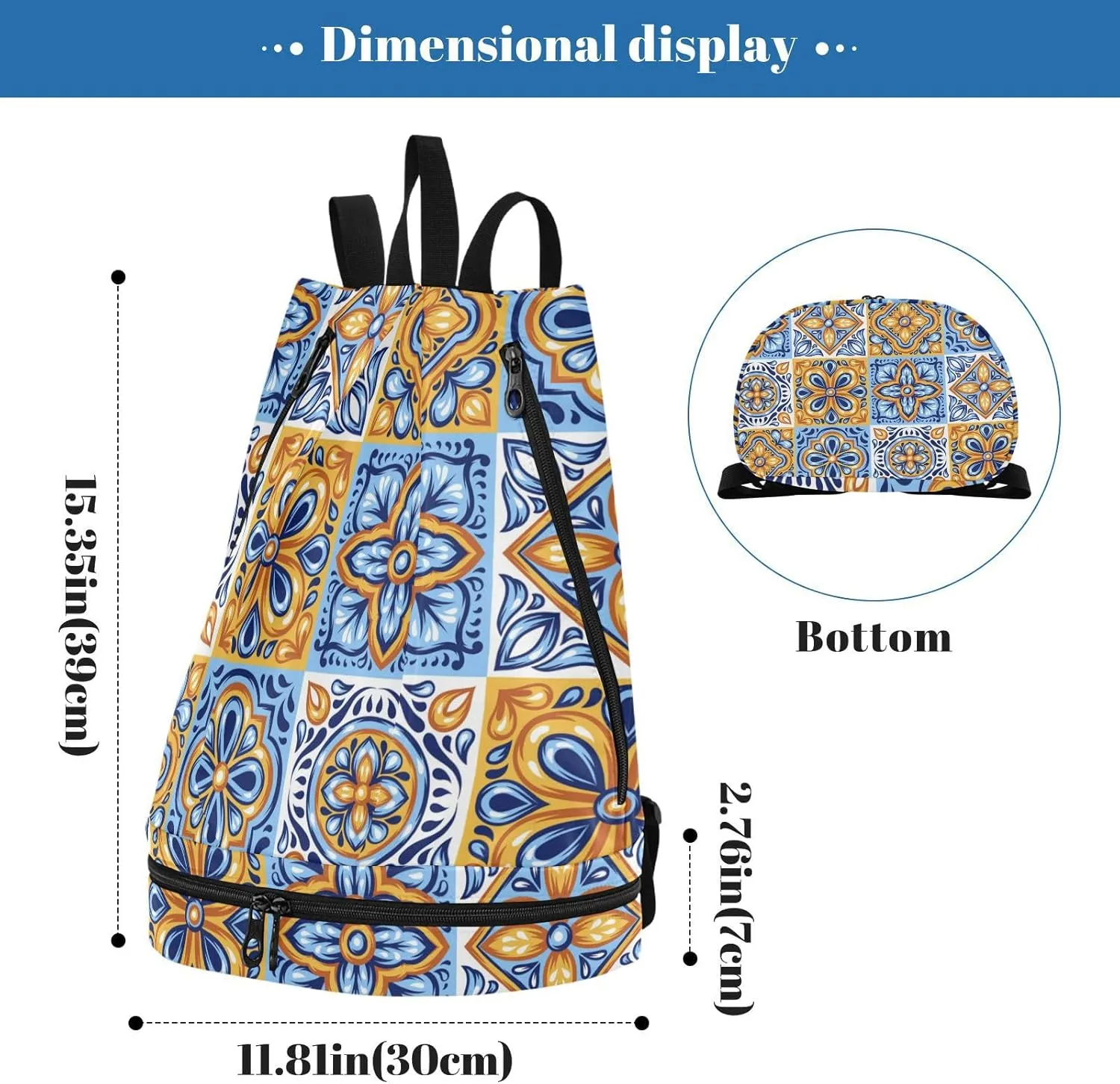Gym Swimming Drawstring Bags Daypacks Backpack Purse Casual Knapsack Shoulder Bag Sitting Rucksack Mexican Ceramic Tiles Blue Gold Orange Pottery Ethnic Folk Art