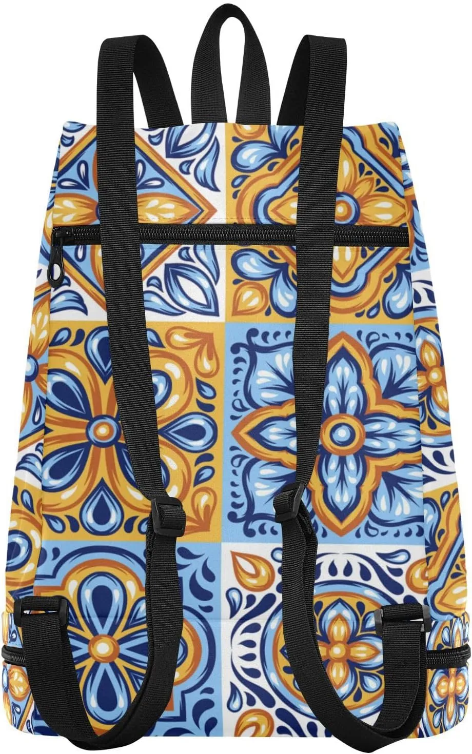 Gym Swimming Drawstring Bags Daypacks Backpack Purse Casual Knapsack Shoulder Bag Sitting Rucksack Mexican Ceramic Tiles Blue Gold Orange Pottery Ethnic Folk Art