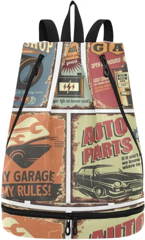 Gym Swimming Drawstring Bags Daypacks Backpack Purse Casual Knapsack Shoulder Bag Sitting Rucksack Vintage Rusty Car Service Tin Signs Posters