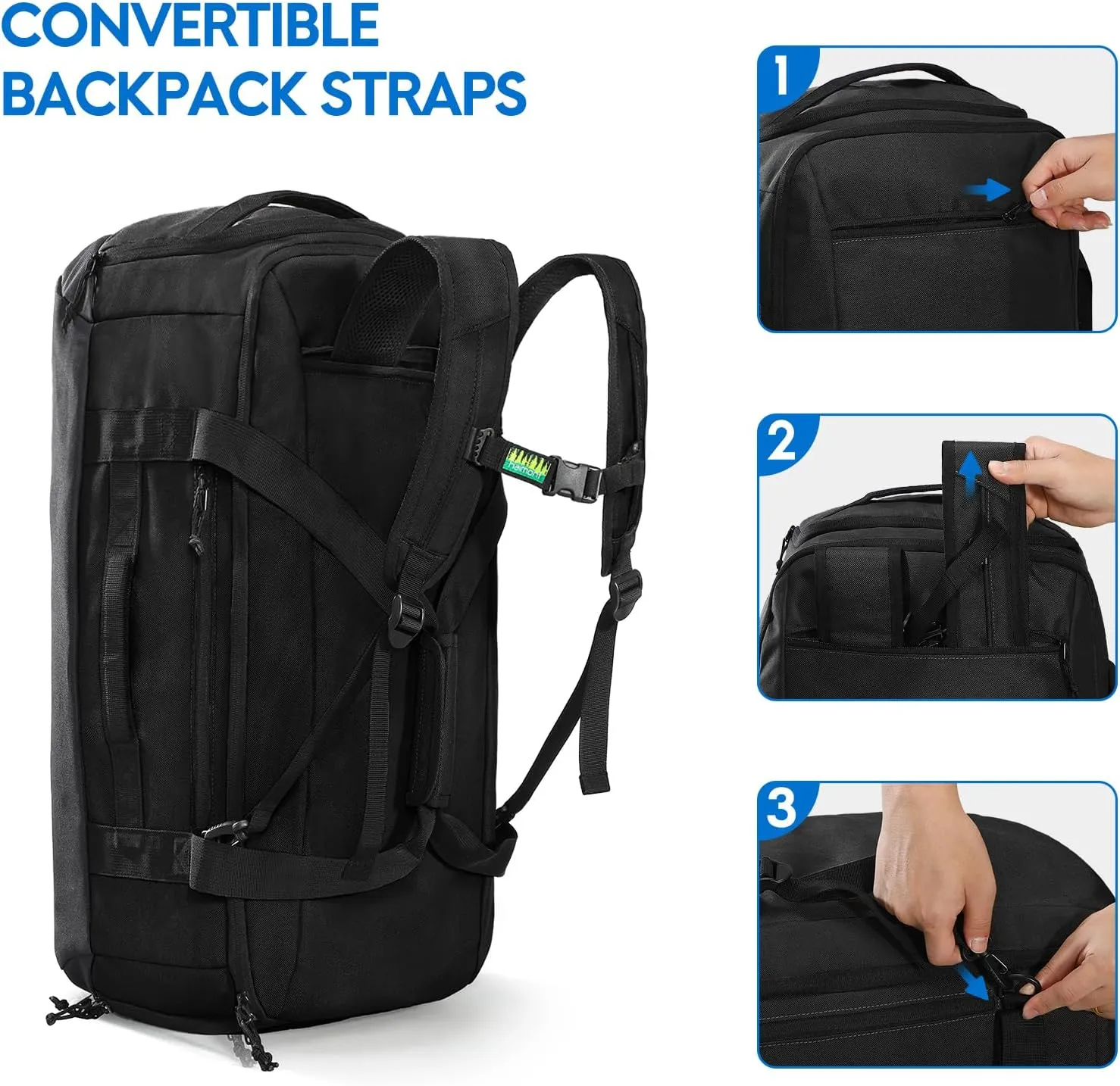 Haimont 60L Foldable Duffle Bag Backpack with Shoe Compartment, Large Travel Duffel for Gym, Sports, Luggage, Camping, Men & Women, Black