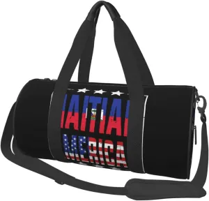 Half American Haitian Flag Round Travel Duffel Bag Large Capacity Gym Sports Bags for Hiking Vacation Trips