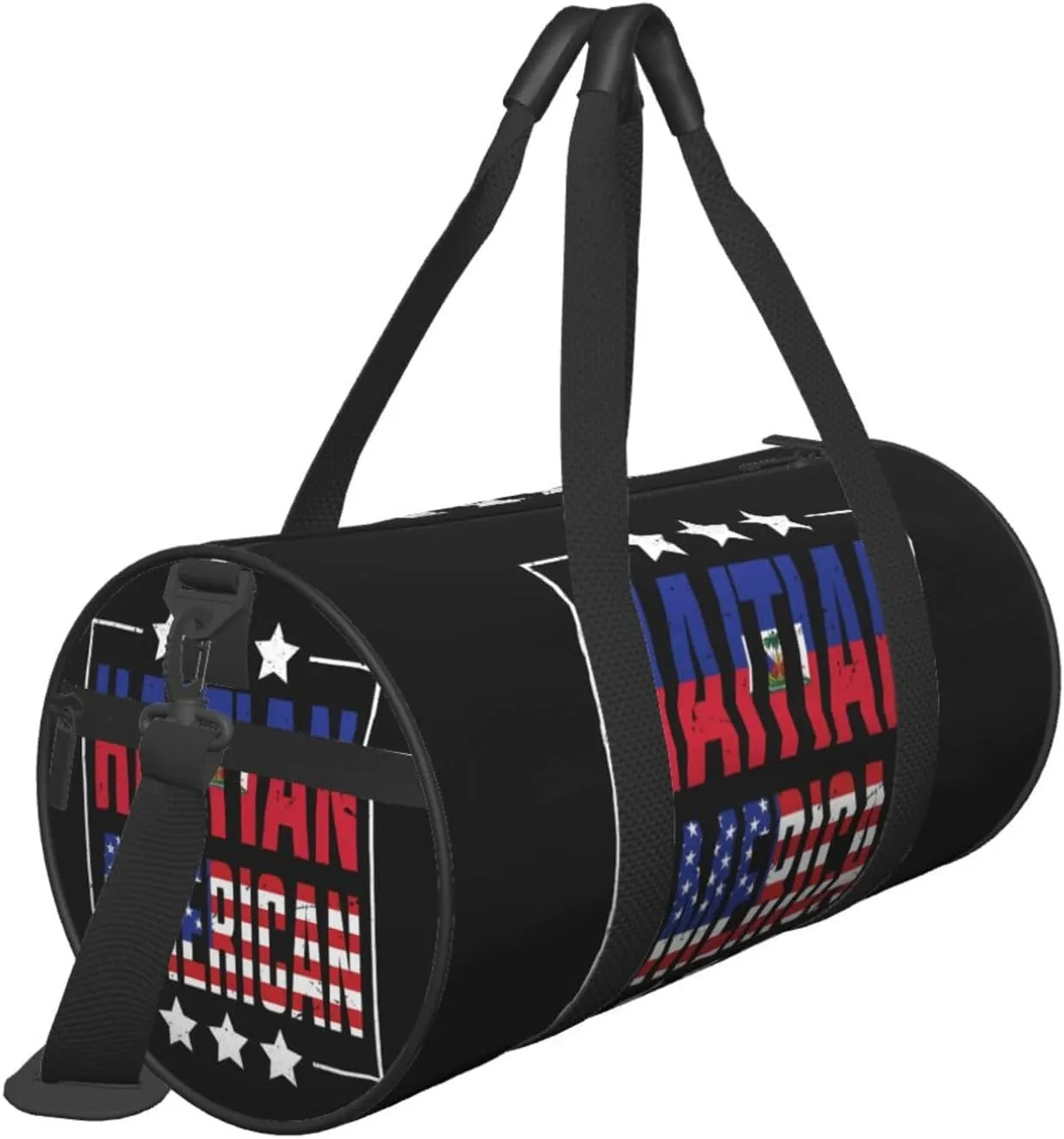Half American Haitian Flag Round Travel Duffel Bag Large Capacity Gym Sports Bags for Hiking Vacation Trips