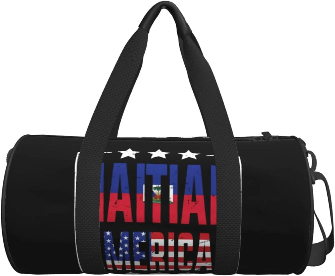 Half American Haitian Flag Round Travel Duffel Bag Large Capacity Gym Sports Bags for Hiking Vacation Trips