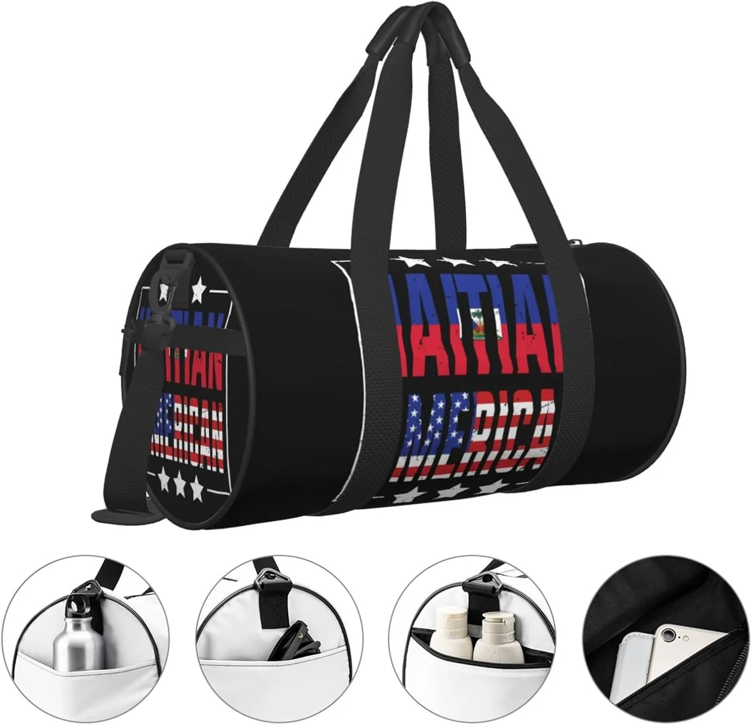 Half American Haitian Flag Round Travel Duffel Bag Large Capacity Gym Sports Bags for Hiking Vacation Trips