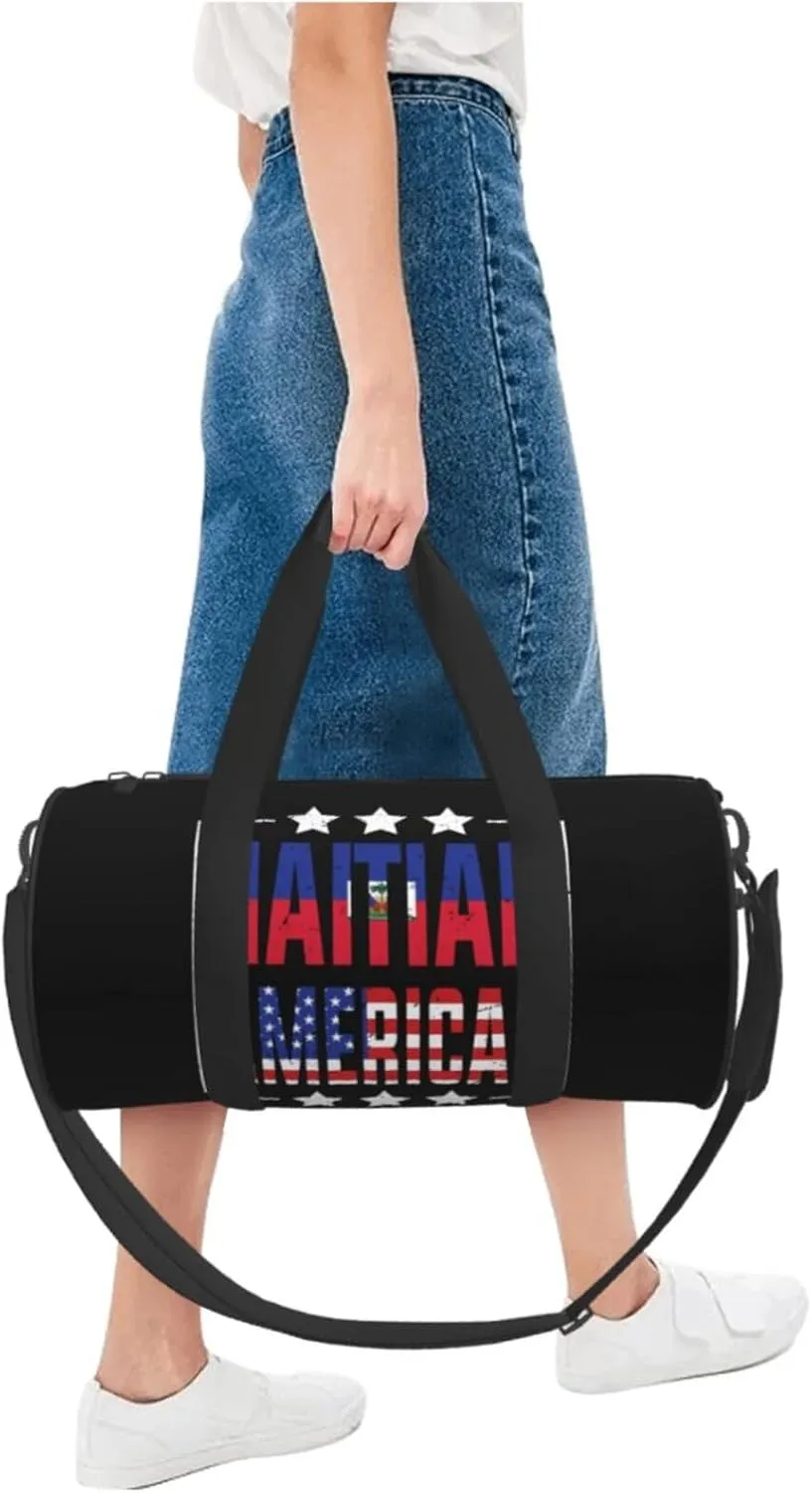 Half American Haitian Flag Round Travel Duffel Bag Large Capacity Gym Sports Bags for Hiking Vacation Trips