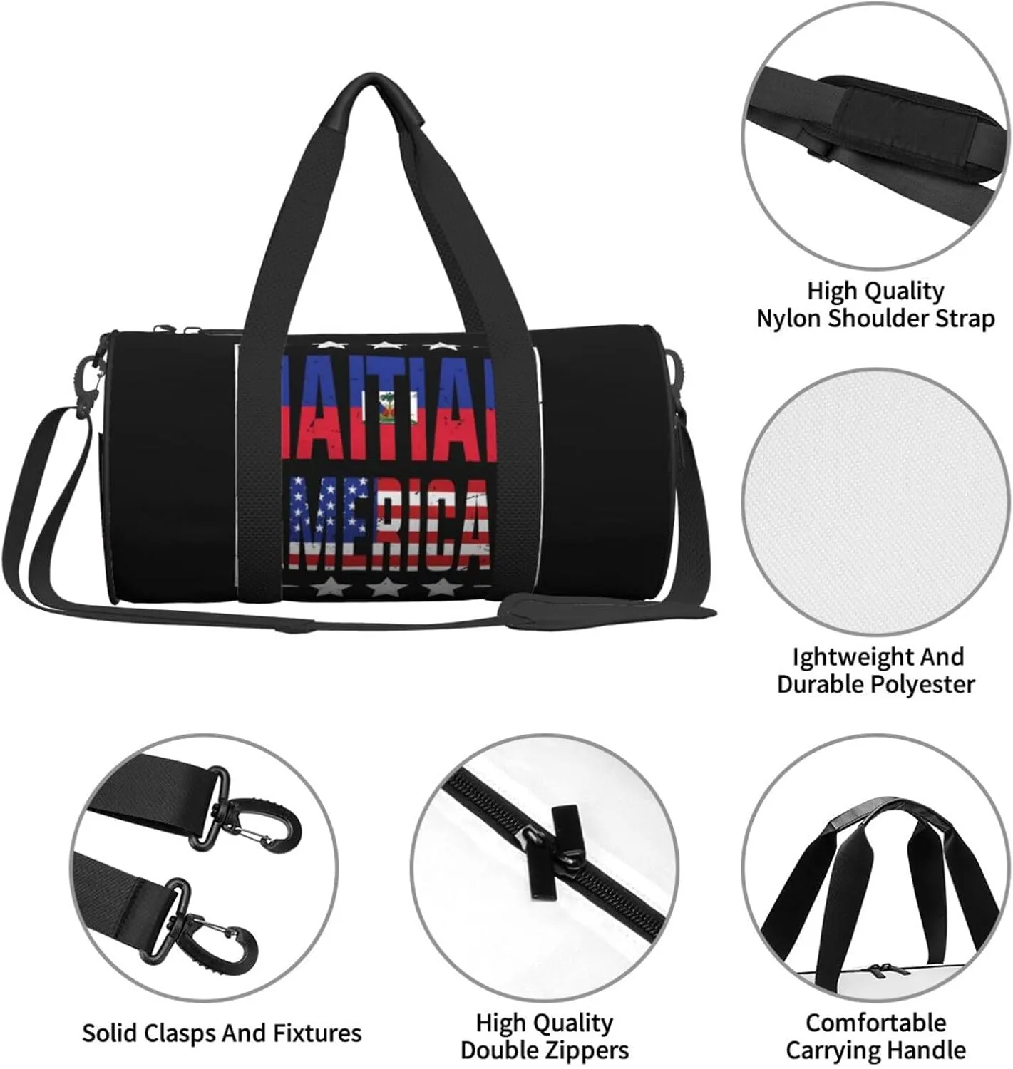 Half American Haitian Flag Round Travel Duffel Bag Large Capacity Gym Sports Bags for Hiking Vacation Trips
