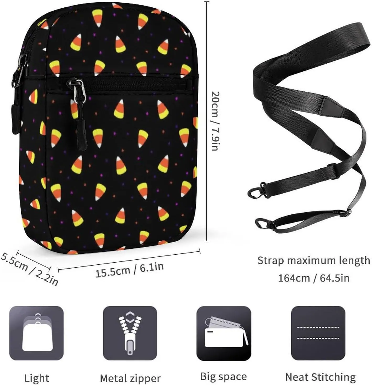 Halloween Candy Corn Crossbody Bag Small Shoulder Bag Waterproof, Lightweight And Convenient