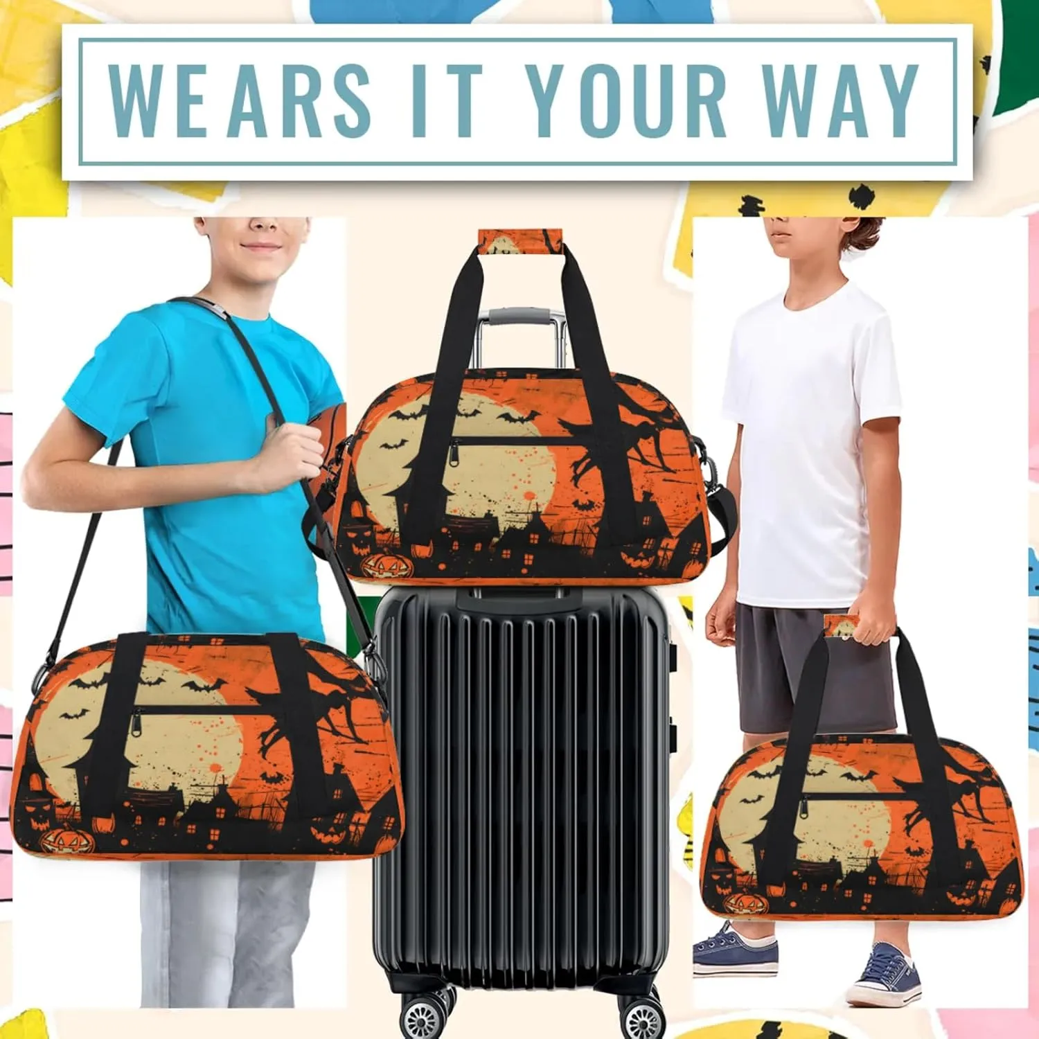 Halloween Themed Small Gym Bag 18 inch Carry On Duffel Bag for Weekender Travel Sports Workout Yoga Gymnastics Dance Ballet