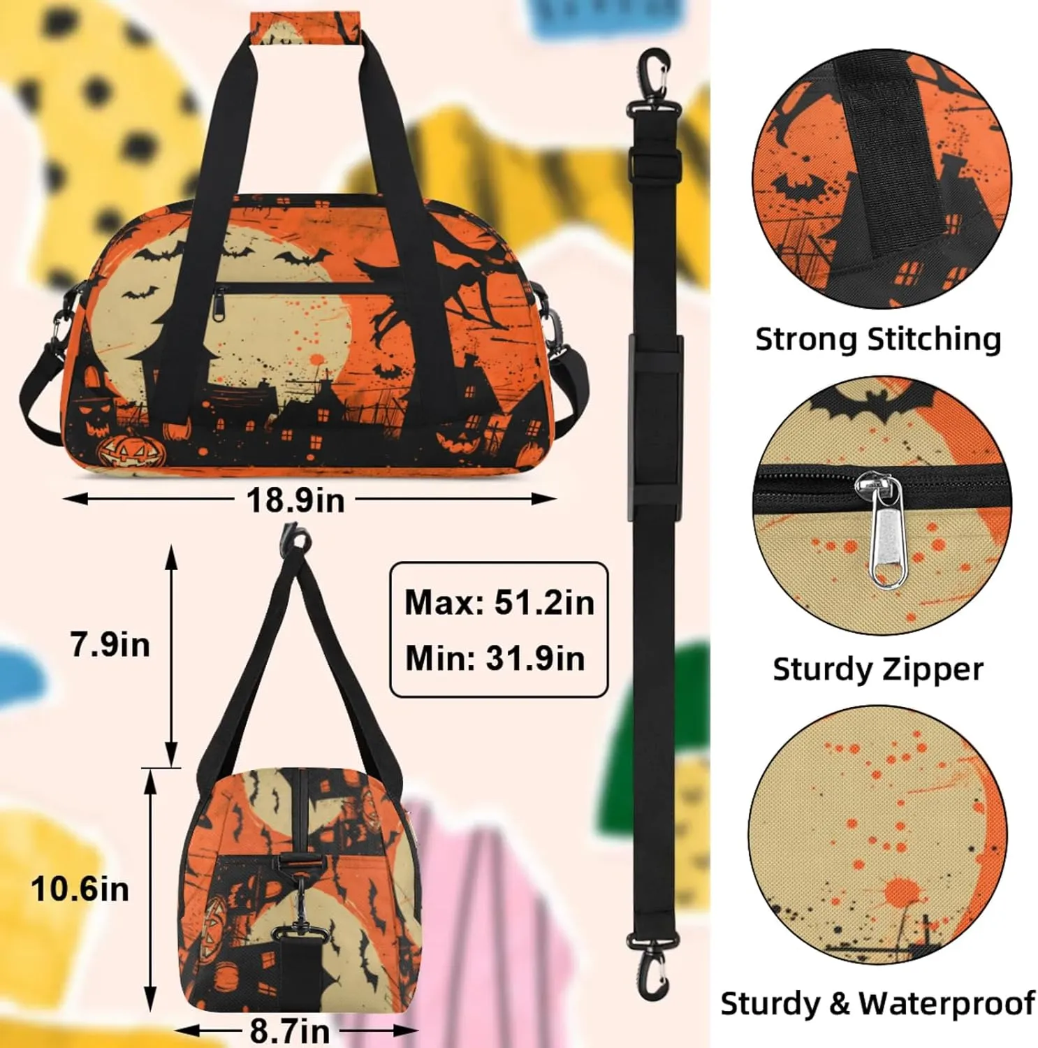 Halloween Themed Small Gym Bag 18 inch Carry On Duffel Bag for Weekender Travel Sports Workout Yoga Gymnastics Dance Ballet