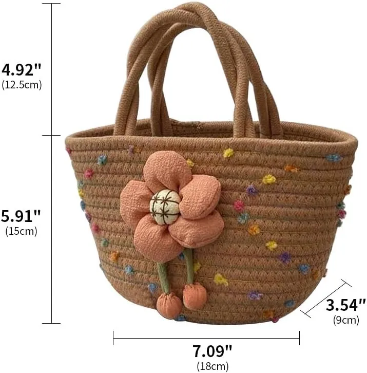 Hand-Woven Cotton Handbag Tote Bag Boho Rainbow Handles Tote Retro Summer Beach Bag Flower Handbag Holiday Shopping