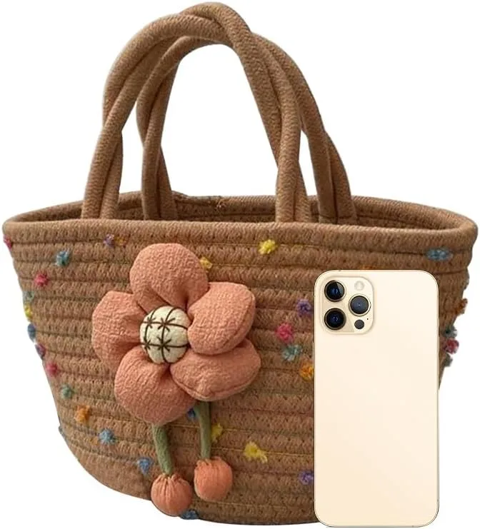 Hand-Woven Cotton Handbag Tote Bag Boho Rainbow Handles Tote Retro Summer Beach Bag Flower Handbag Holiday Shopping