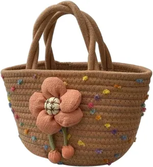 Hand-Woven Cotton Handbag Tote Bag Boho Rainbow Handles Tote Retro Summer Beach Bag Flower Handbag Holiday Shopping